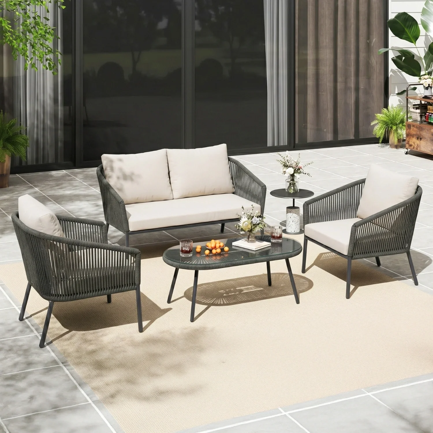 Outdoor 4 Seater Rope Conversation Sofa Set (Grey & Off-White) - Image 8