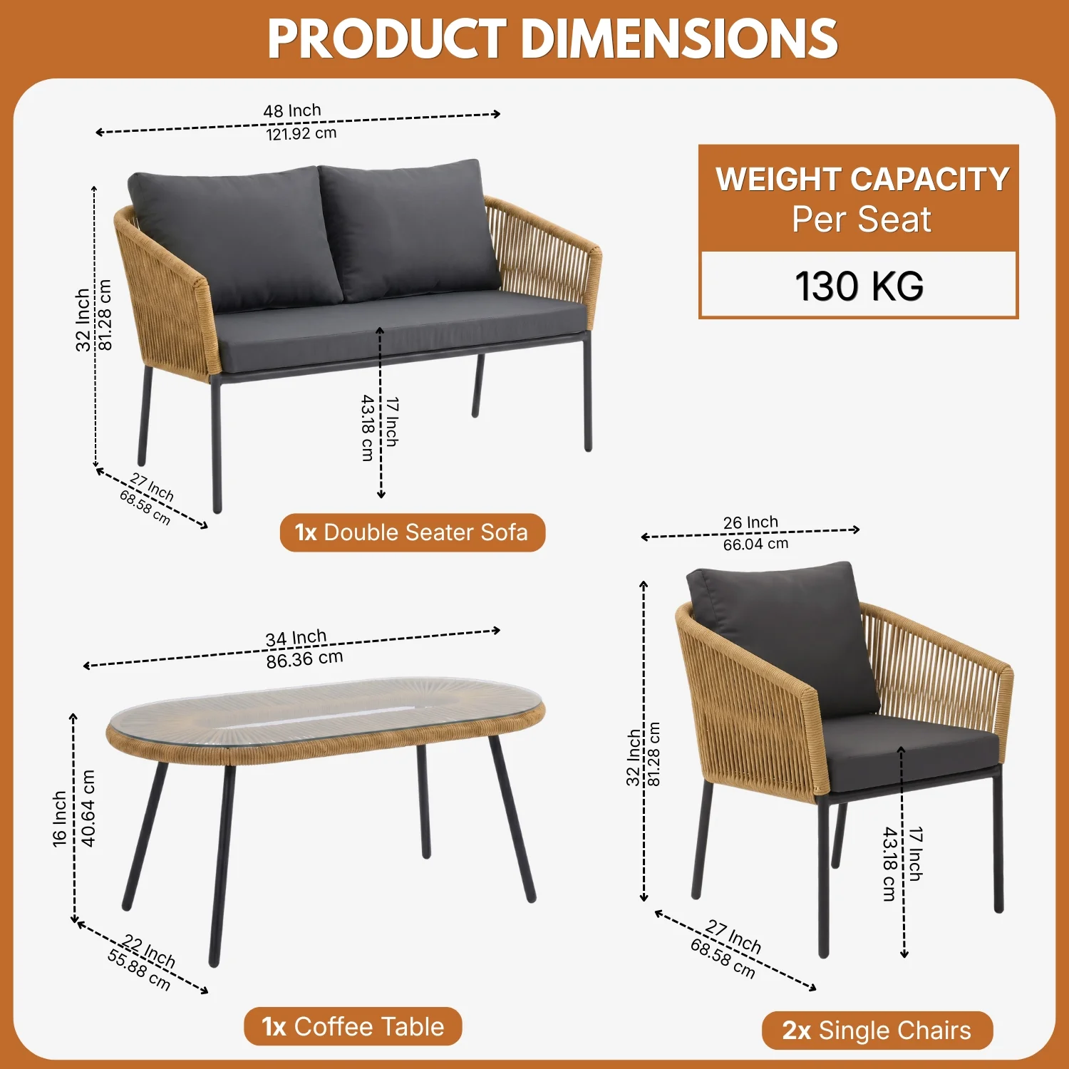 Outdoor 4 Seater Rope Conversation Sofa Set (Beige & Dark Grey) - Image 2