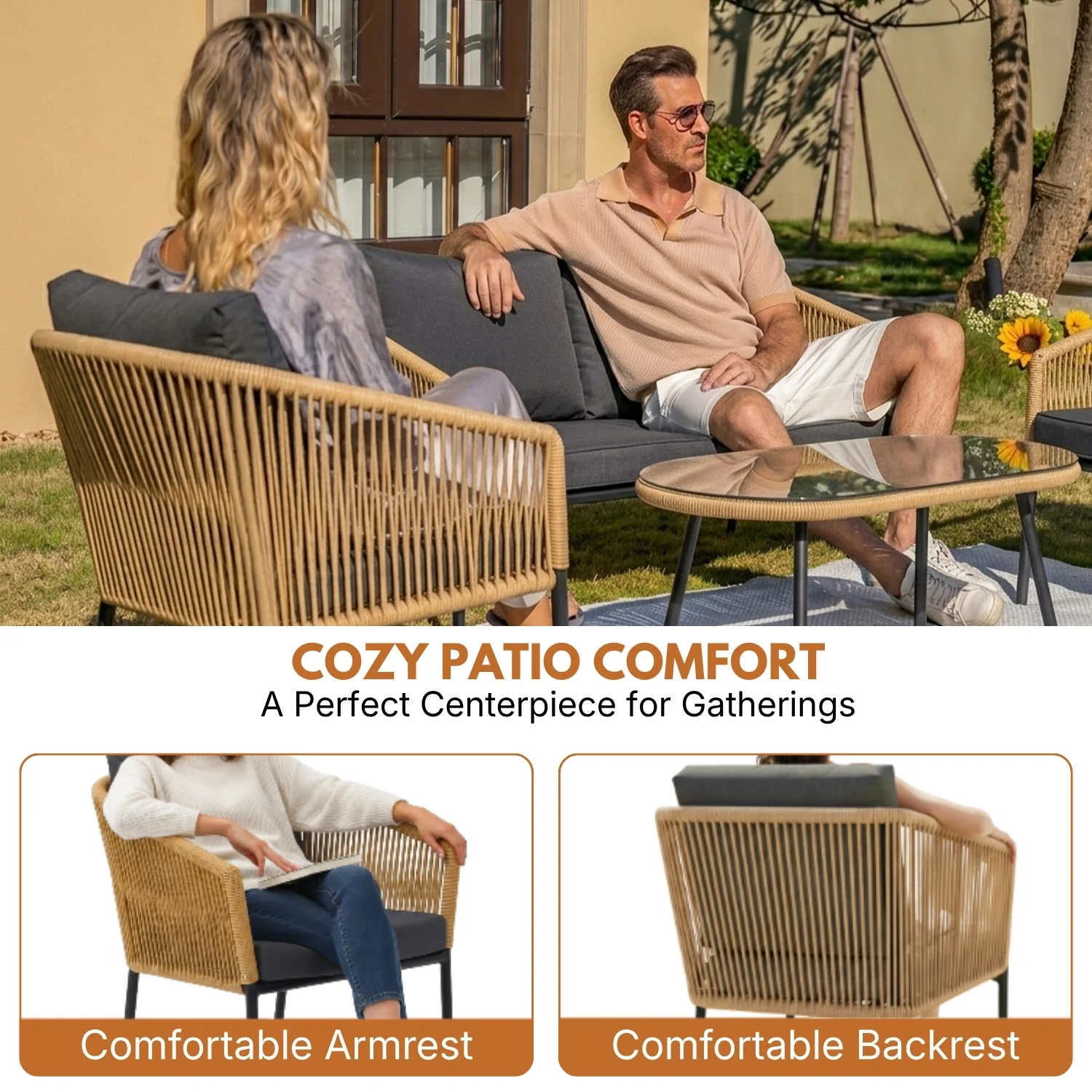 Outdoor 4 Seater Rope Conversation Sofa Set (Beige & Dark Grey) - Image 6