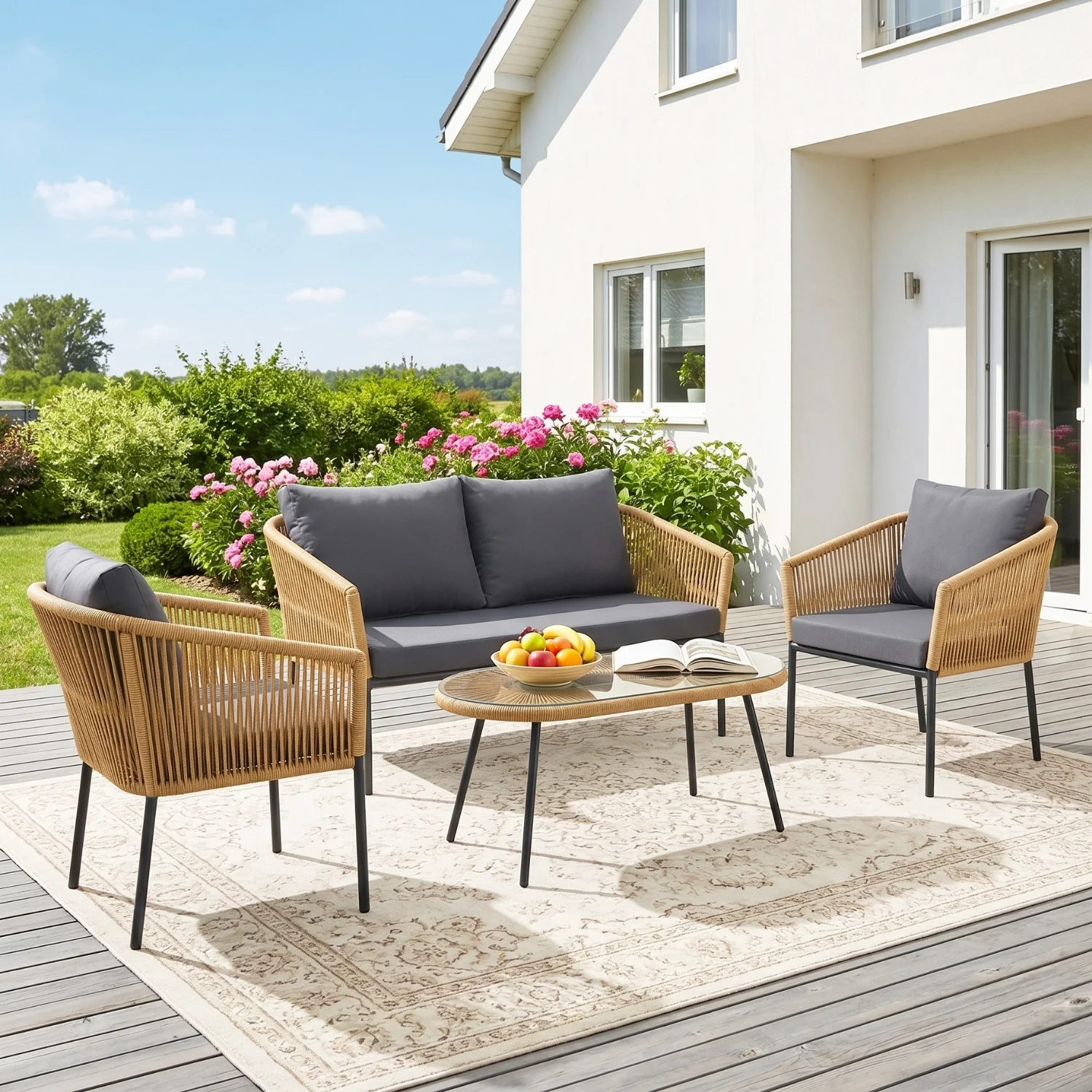 Outdoor 4 Seater Rope Conversation Sofa Set (Beige & Dark Grey) - Image 8