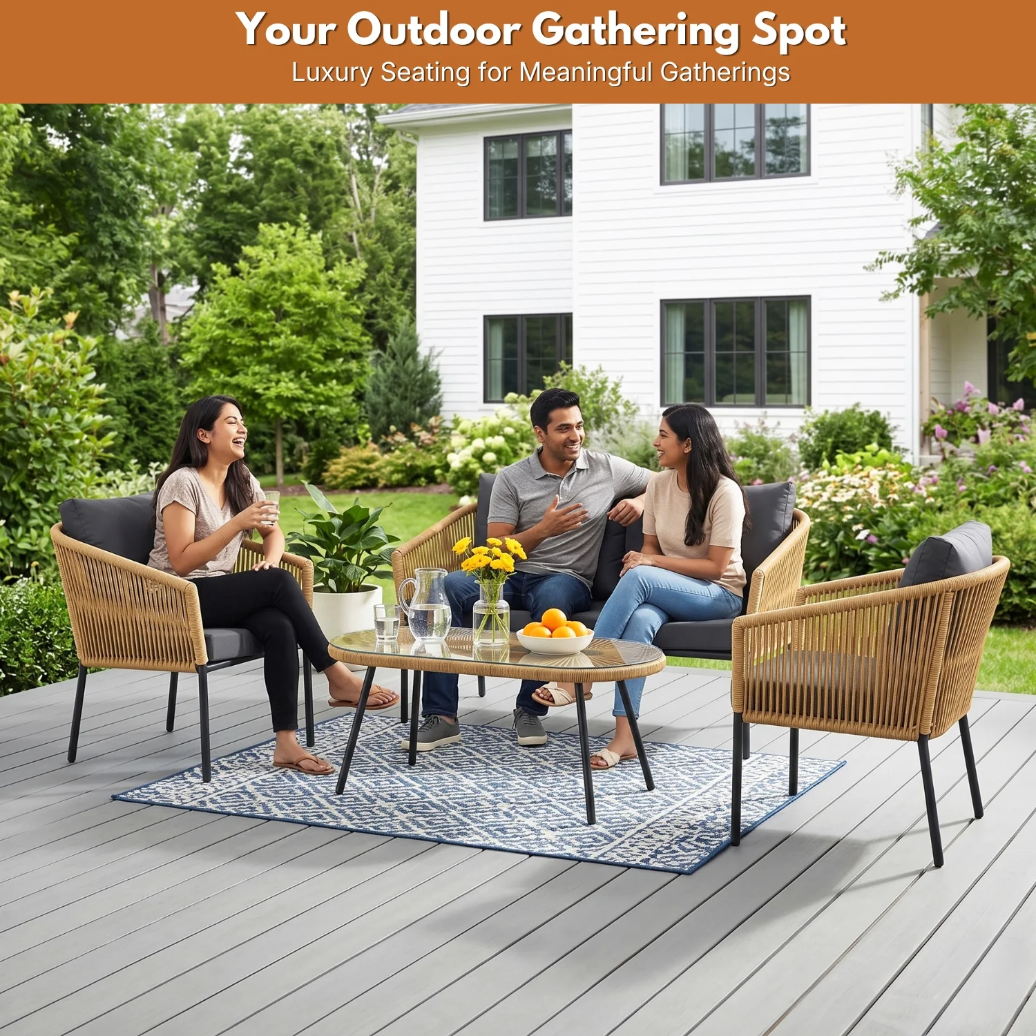 Outdoor 4 Seater Rope Conversation Sofa Set (Beige & Dark Grey) - Image 9