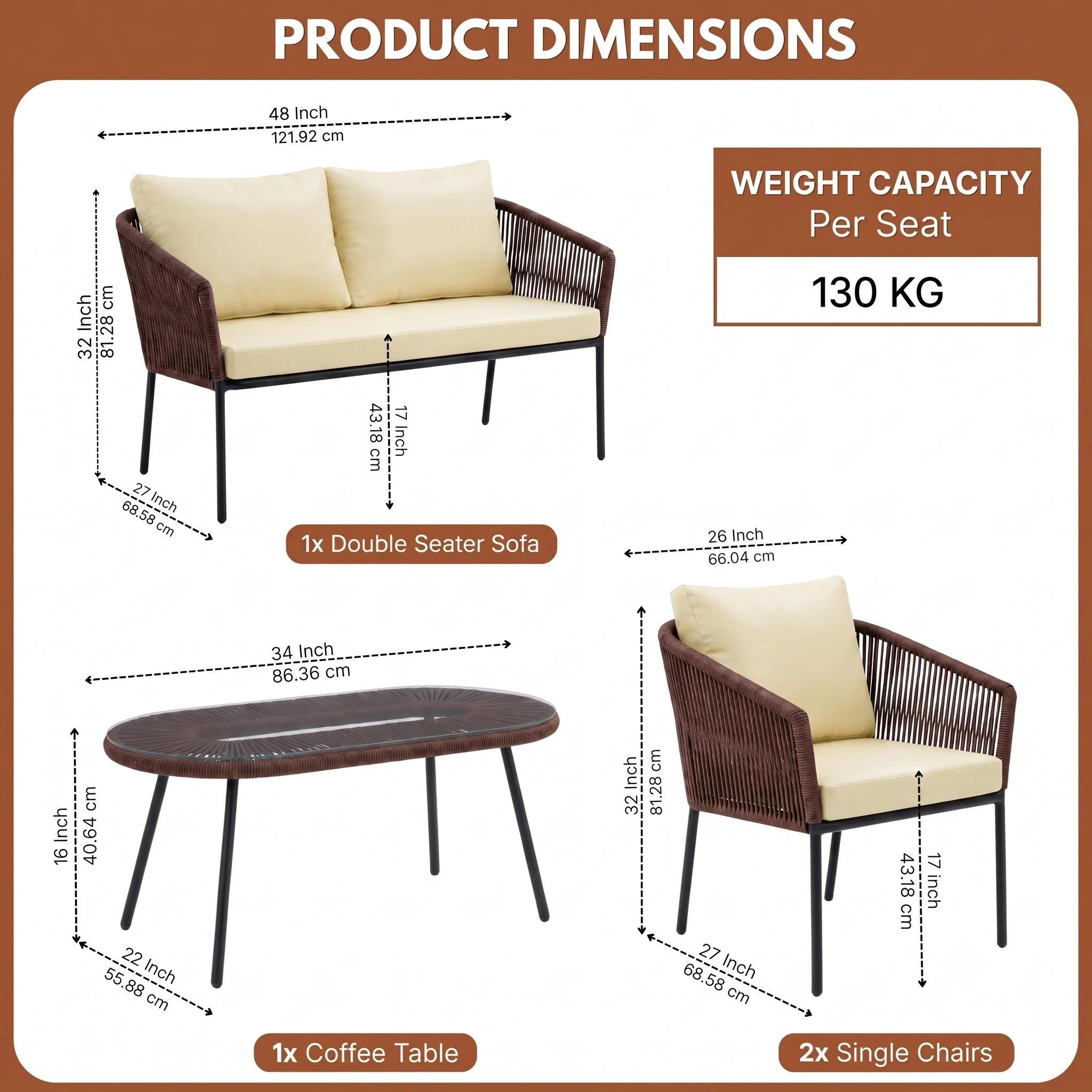 Outdoor 4 Seater Rope Conversation Sofa Set (Brown & Cream) - Image 2