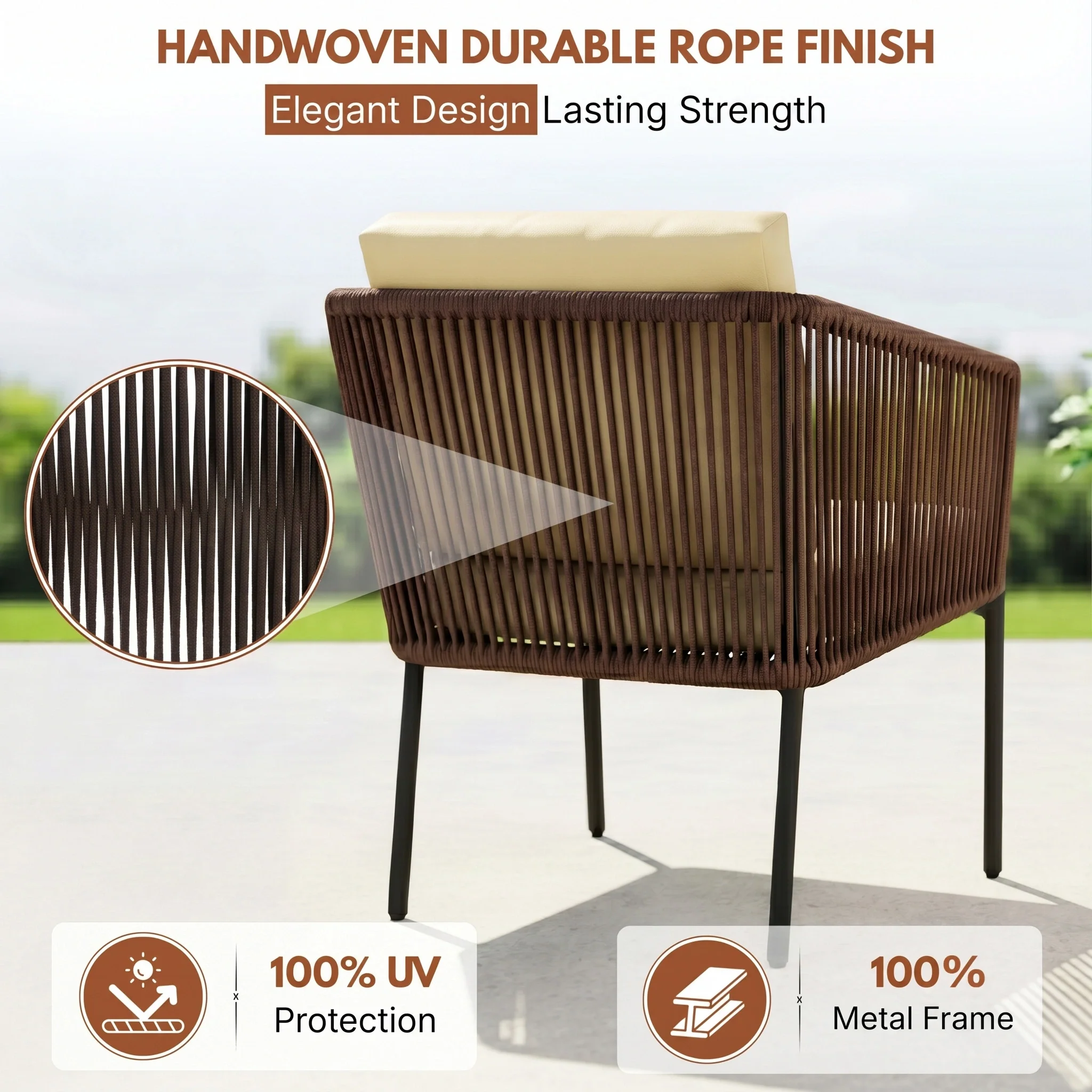 Outdoor 4 Seater Rope Conversation Sofa Set (Brown & Cream) - Image 4