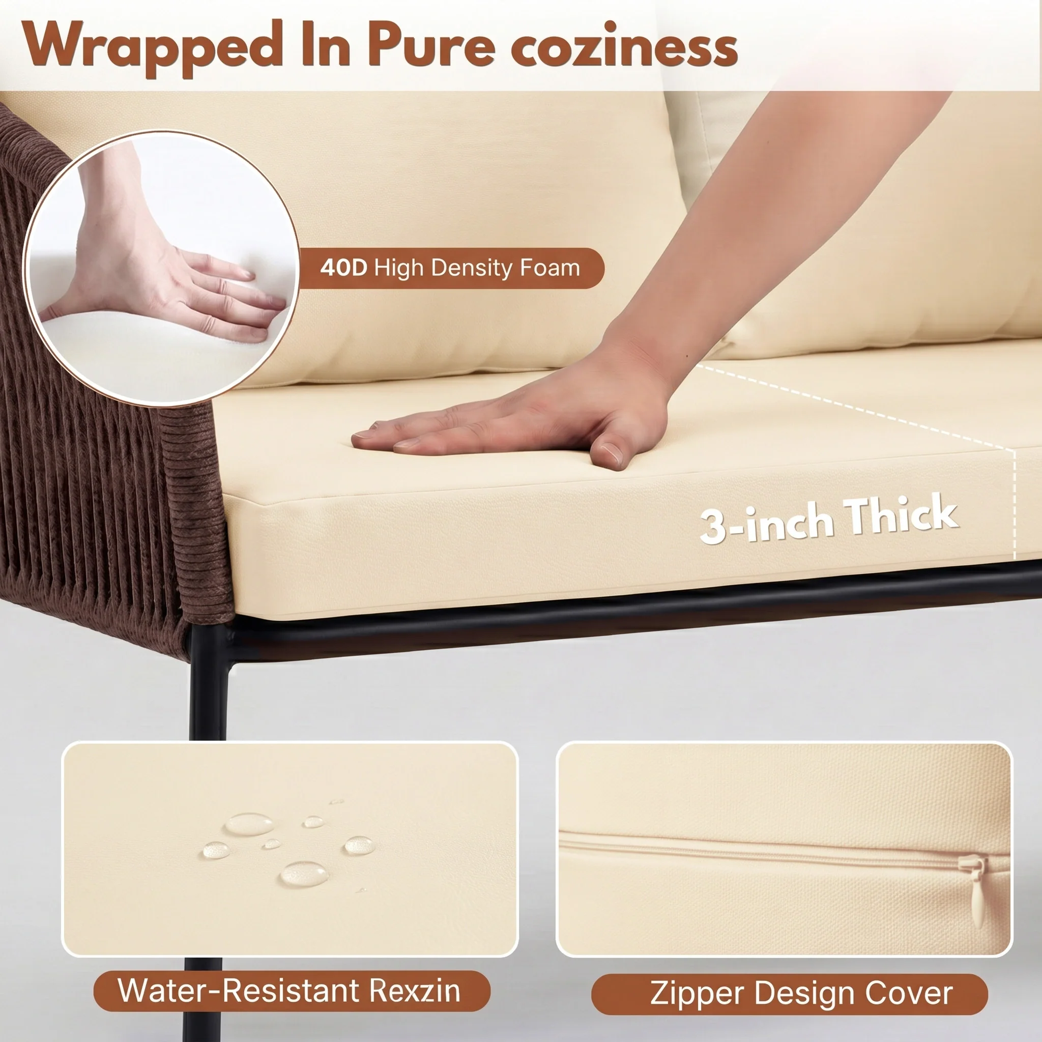 Outdoor 4 Seater Rope Conversation Sofa Set (Brown & Cream) - Image 5