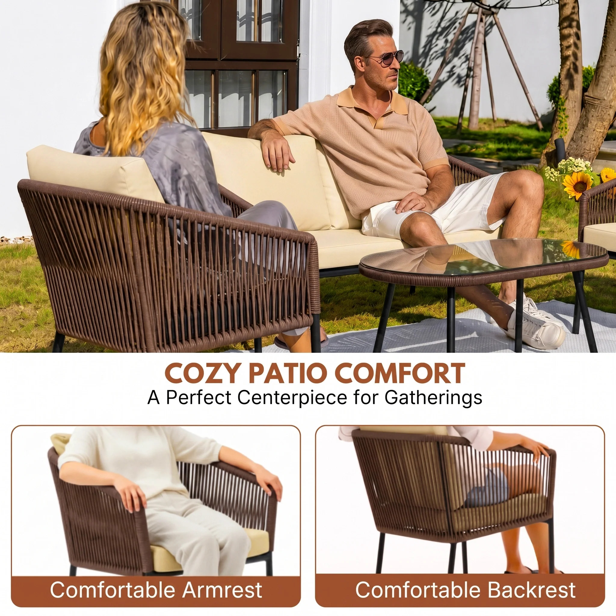 Outdoor 4 Seater Rope Conversation Sofa Set (Brown & Cream) - Image 6