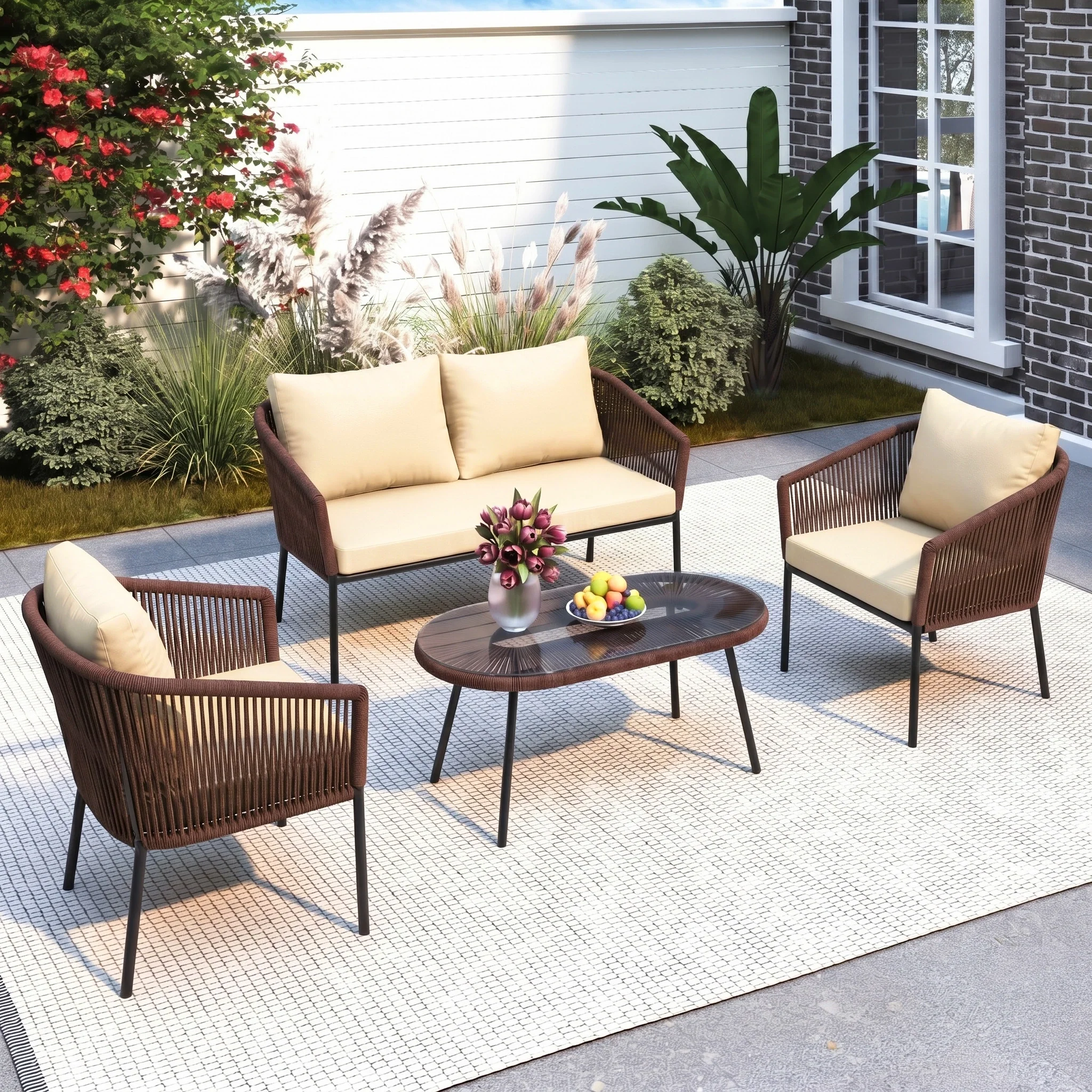 Outdoor 4 Seater Rope Conversation Sofa Set (Brown & Cream) - Image 8