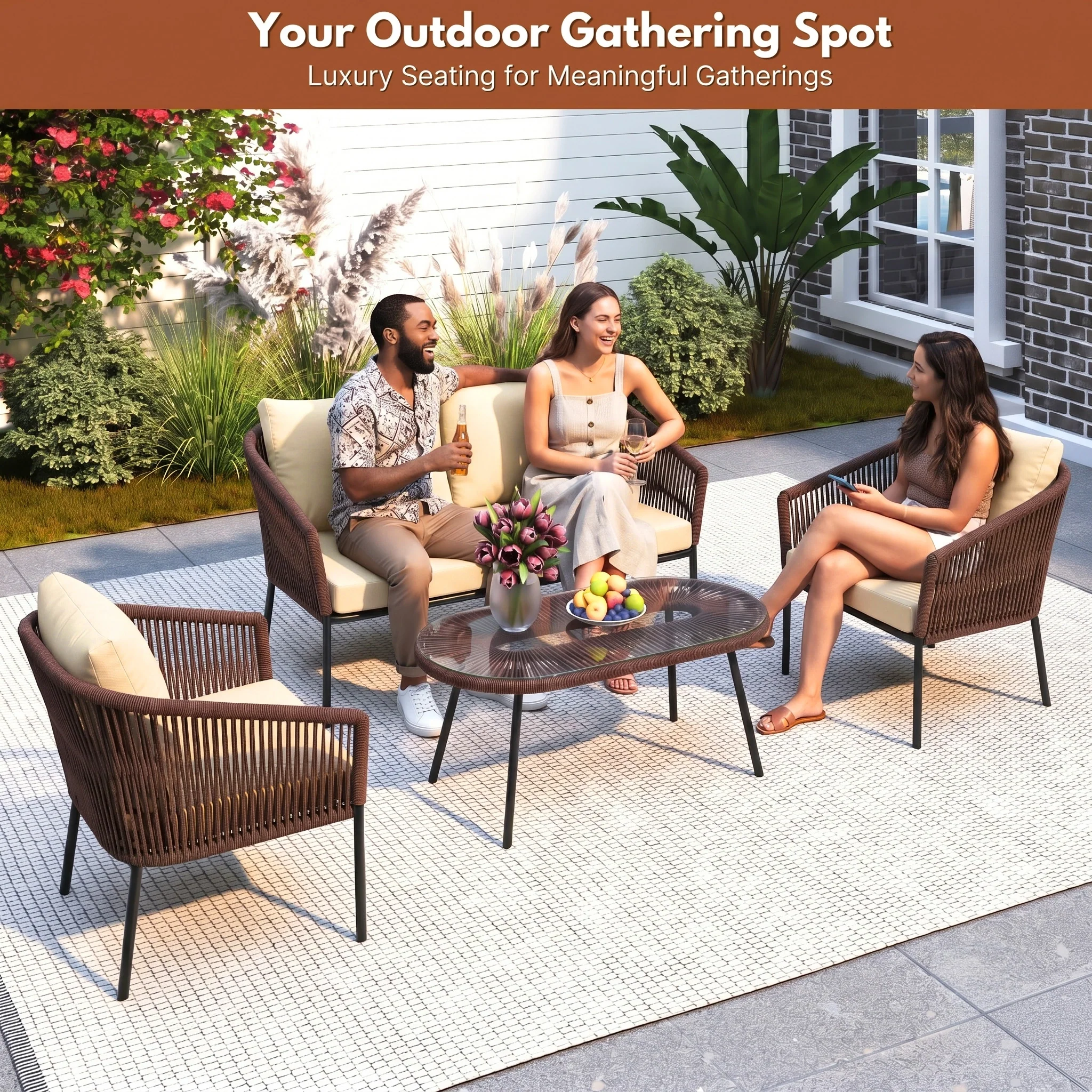 Outdoor 4 Seater Rope Conversation Sofa Set (Brown & Cream) - Image 9