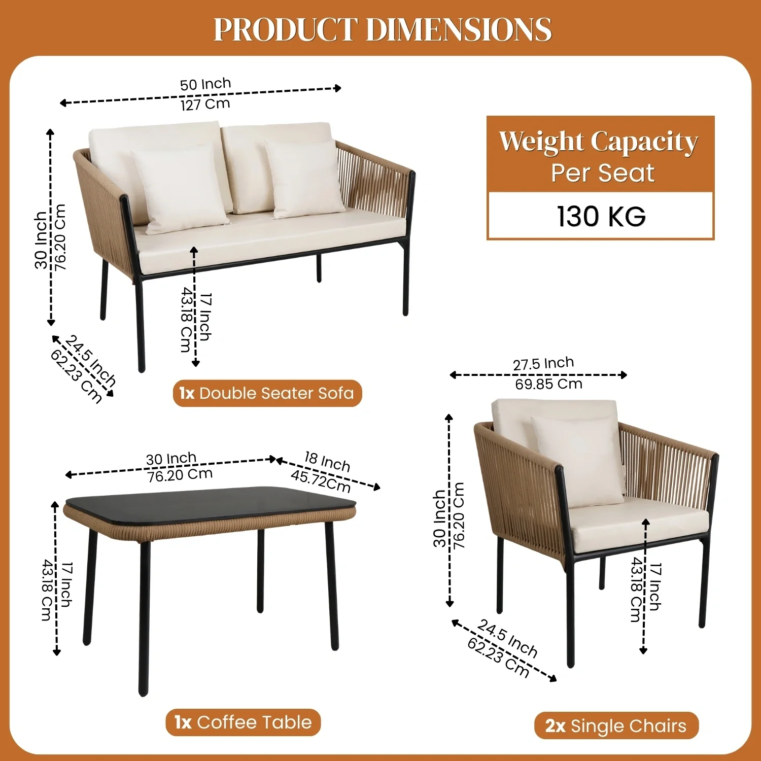 Outdoor 4 Seater Rope Sofa Set - Image 3