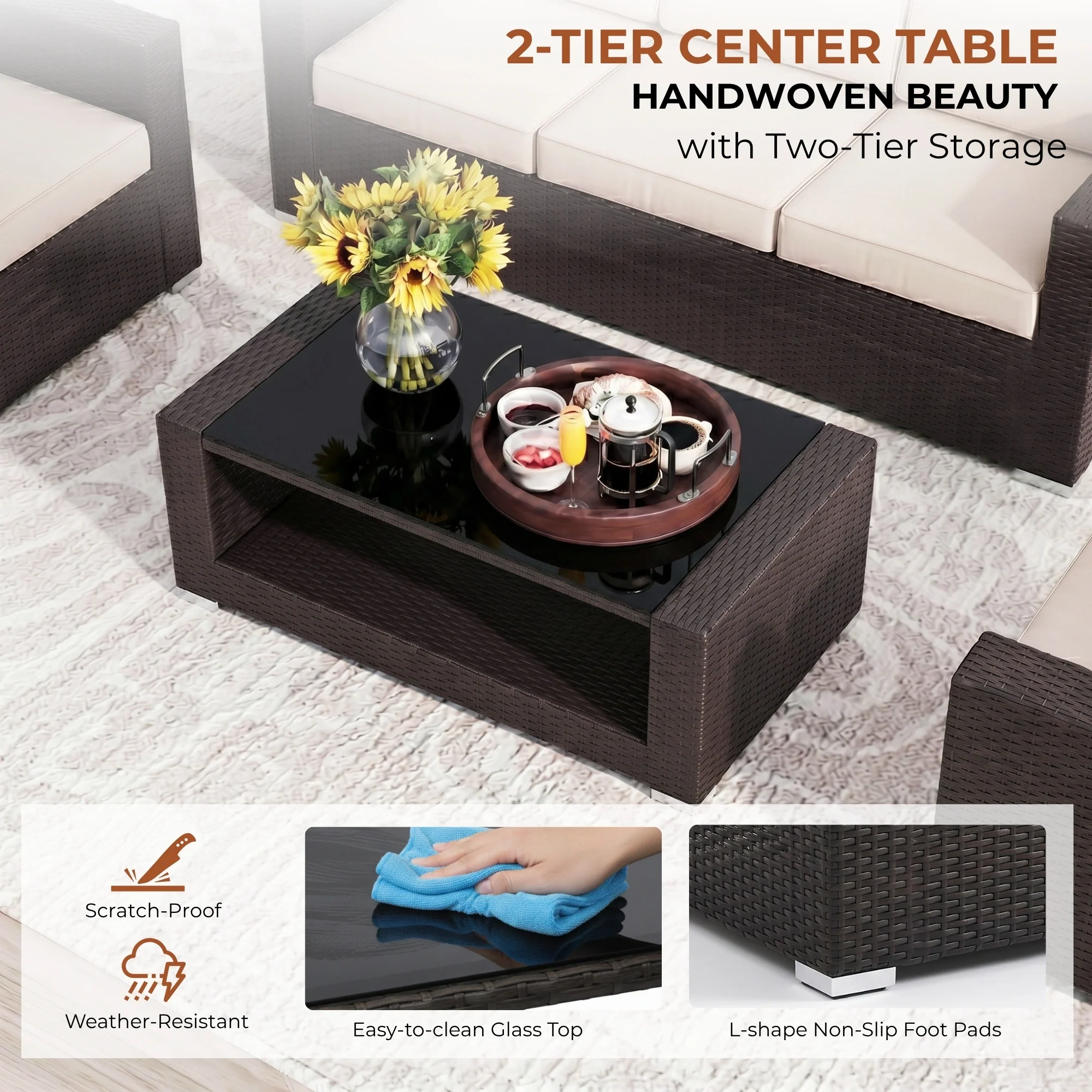 Outdoor 5 Piece HDPE Wicker Conversation Sofa Set - Image 7