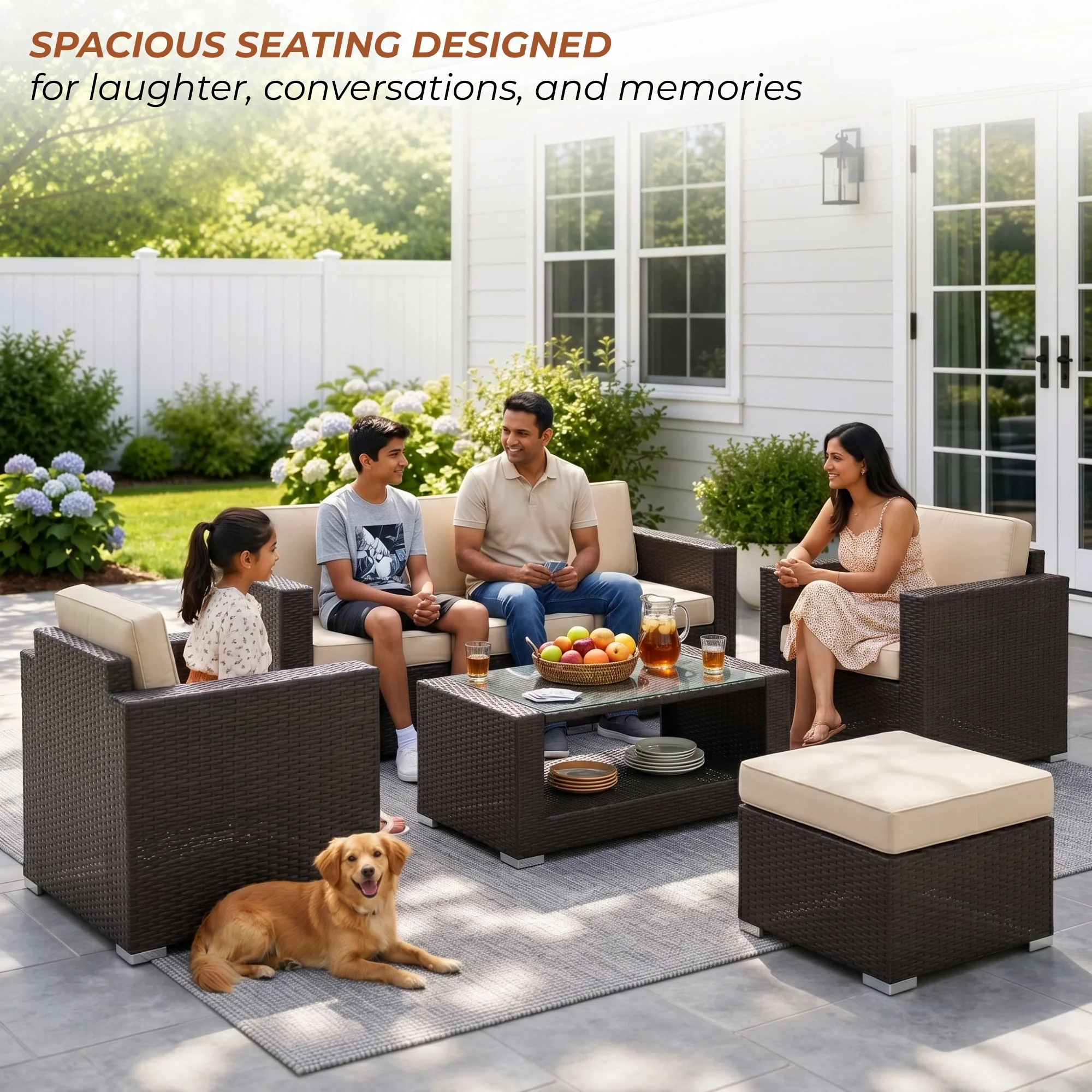 Outdoor 5 Piece HDPE Wicker Conversation Sofa Set - Image 9