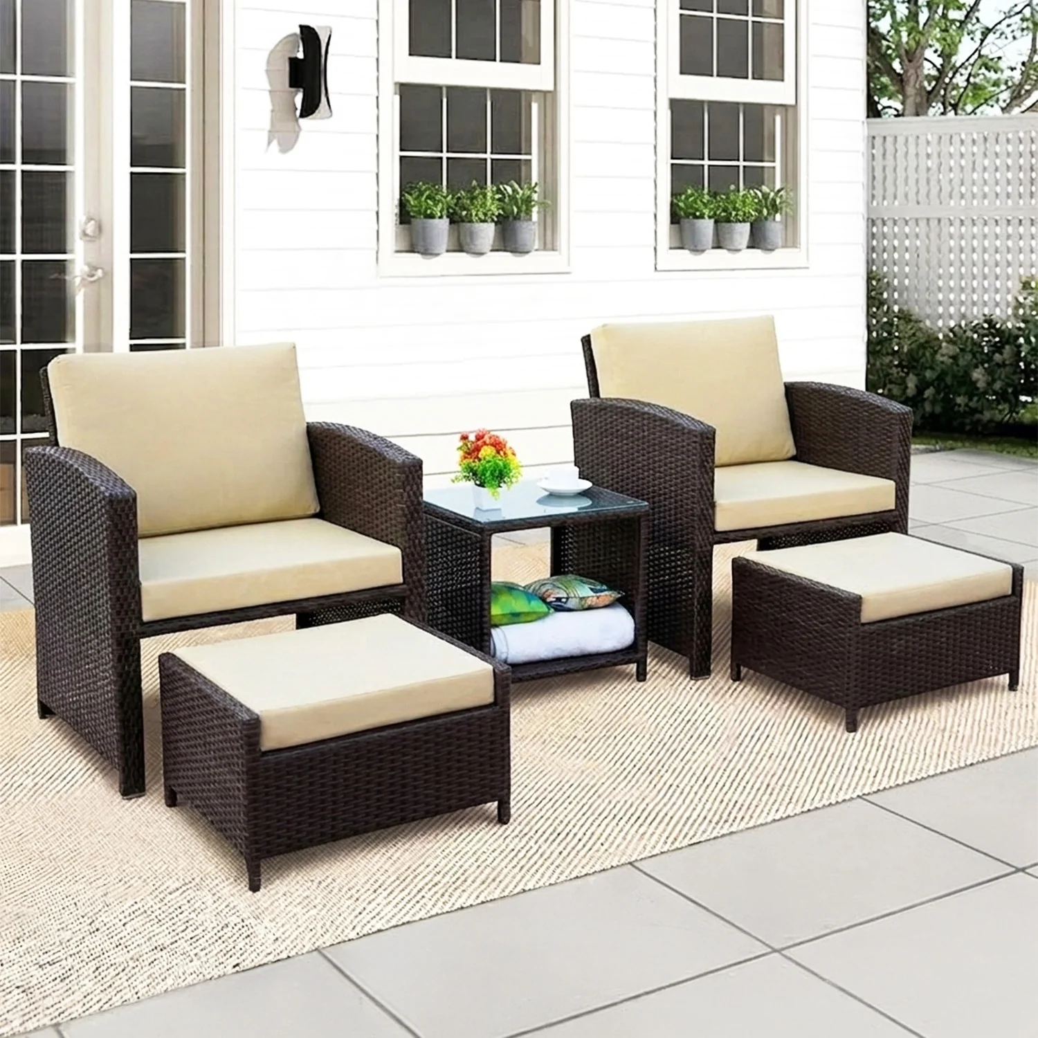 Outdoor 5 Piece Patio Wicker All Weather Sectional Furniture Set - Image 8