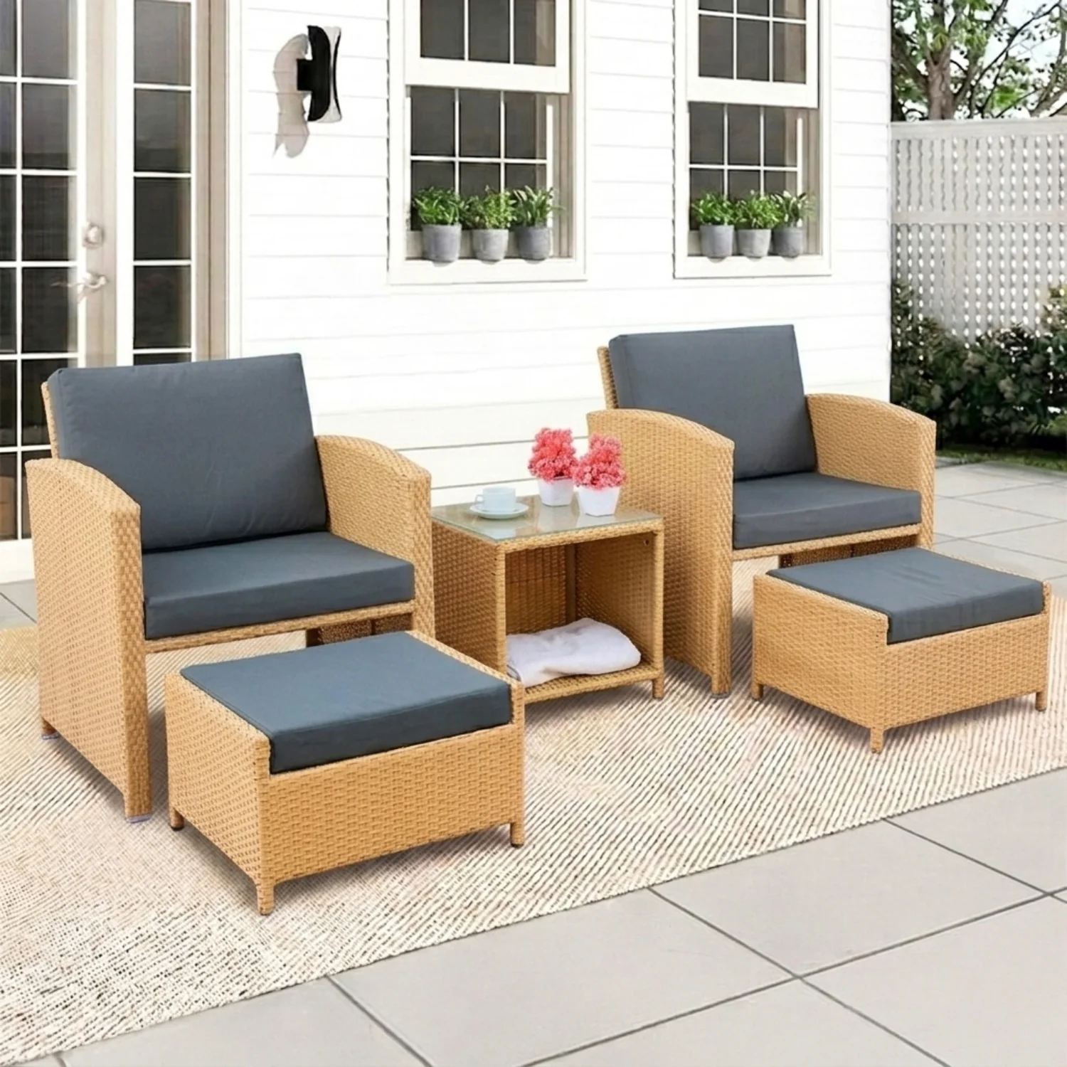 Outdoor 5 Piece Patio Wicker All Weather Sectional Furniture Set - Image 8