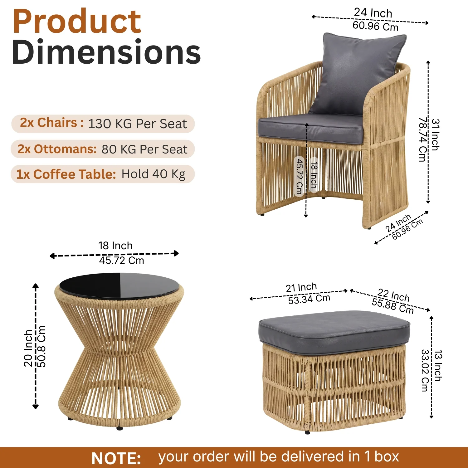Outdoor 5 Piece Rope Patio Chair Ottoman Set (Beige & Dark Grey) - Image 2