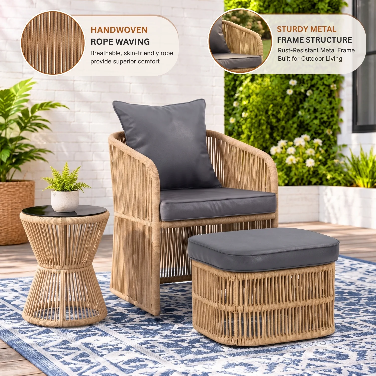Outdoor 5 Piece Rope Patio Chair Ottoman Set (Beige & Dark Grey) - Image 3