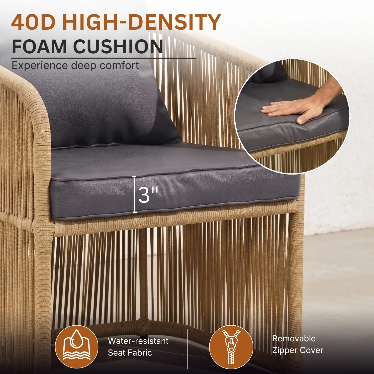 Outdoor 5 Piece Rope Patio Chair Ottoman Set (Beige & Dark Grey) - Image 4
