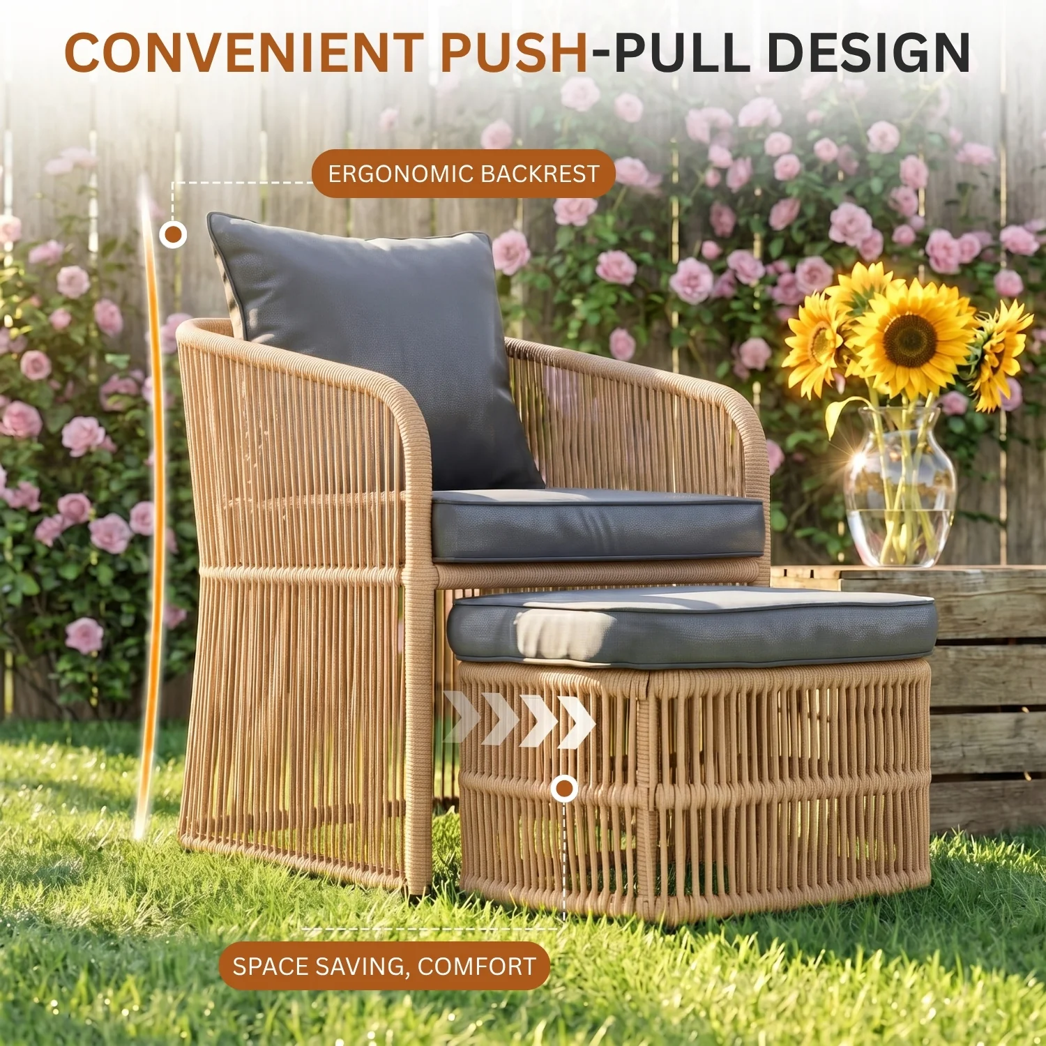 Outdoor 5 Piece Rope Patio Chair Ottoman Set (Beige & Dark Grey) - Image 5