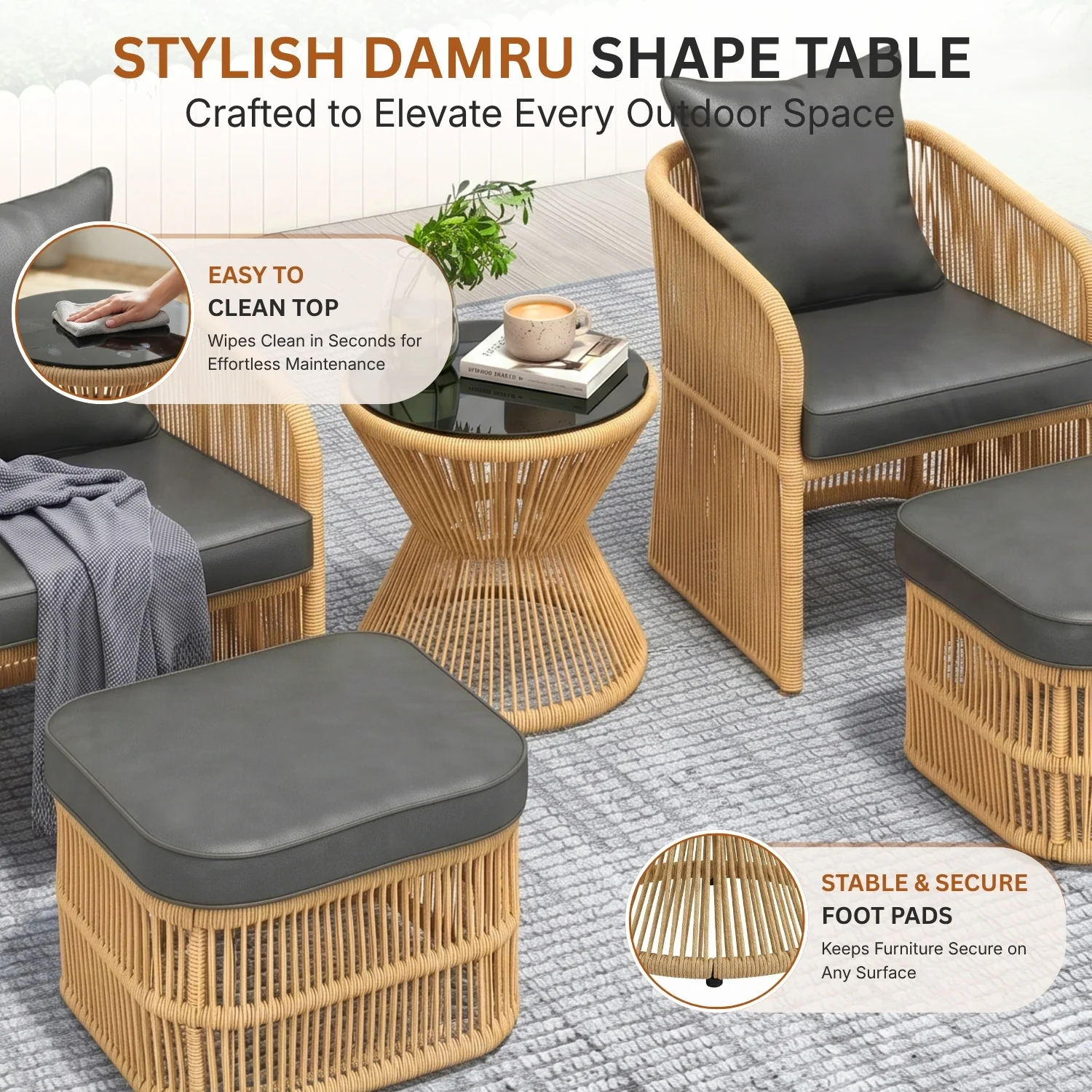 Outdoor 5 Piece Rope Patio Chair Ottoman Set (Beige & Dark Grey) - Image 6