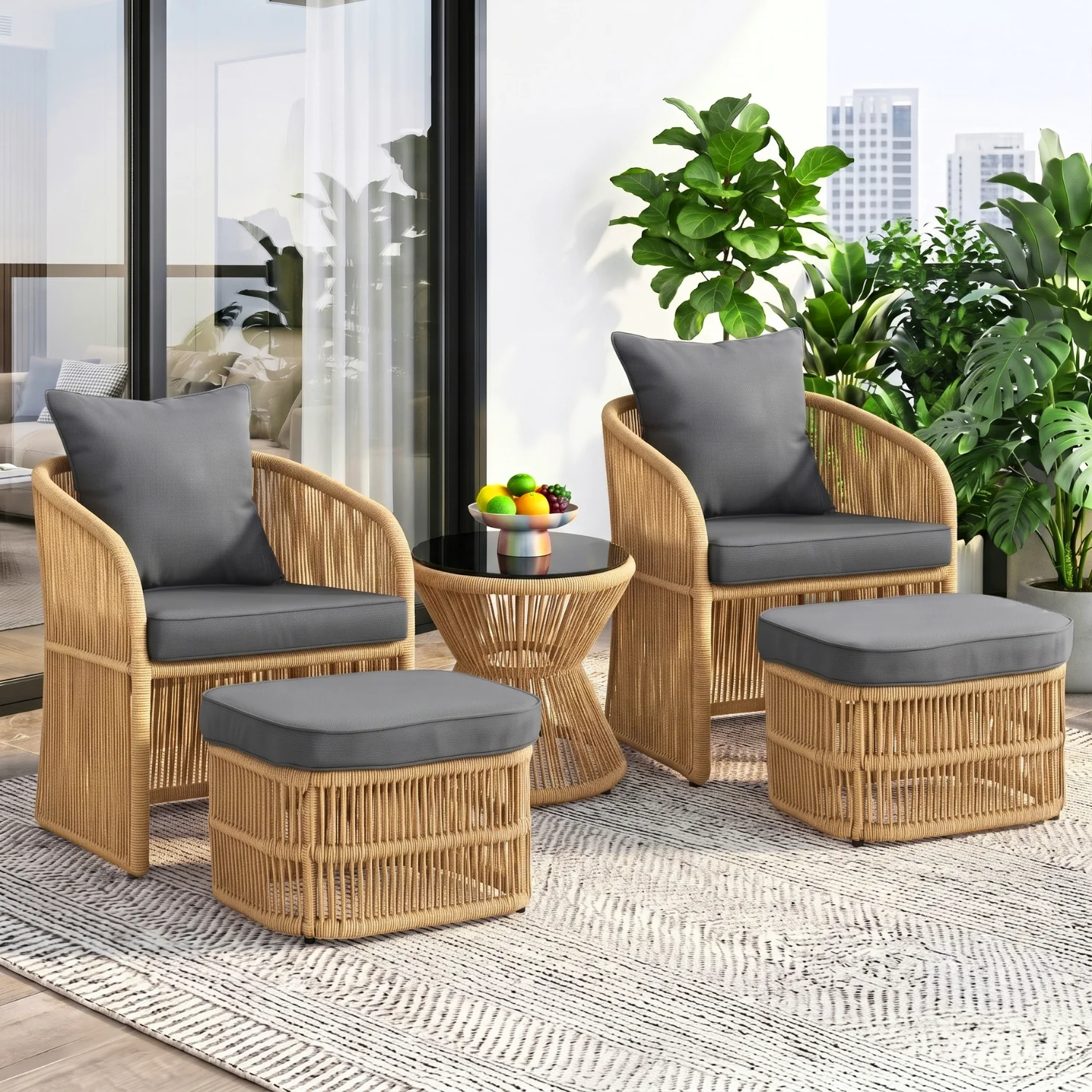 Outdoor 5 Piece Rope Patio Chair Ottoman Set (Beige & Dark Grey) - Image 8