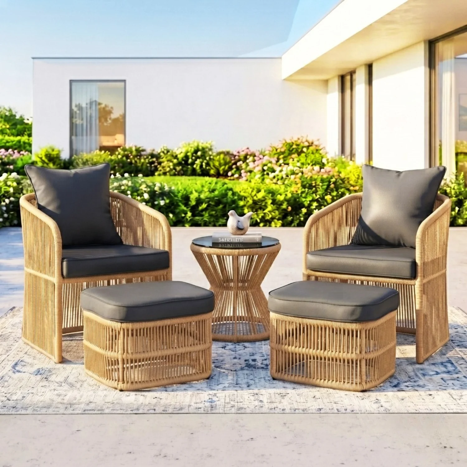 Outdoor 5 Piece Rope Patio Chair Ottoman Set (Beige & Dark Grey) - Image 9