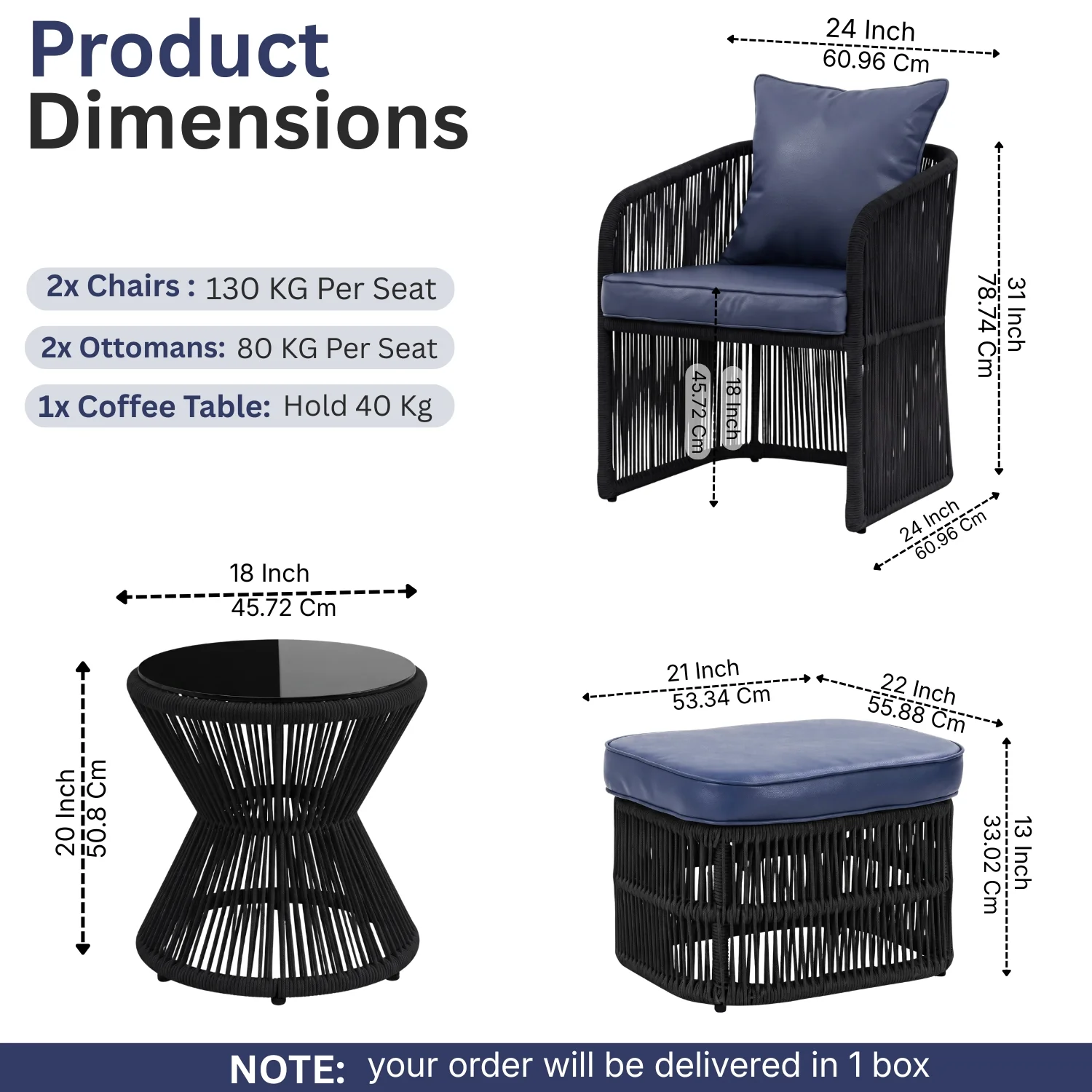 Outdoor 5 Piece Rope Patio Chair Ottoman Set (Black & Navy-Blue) - Image 2