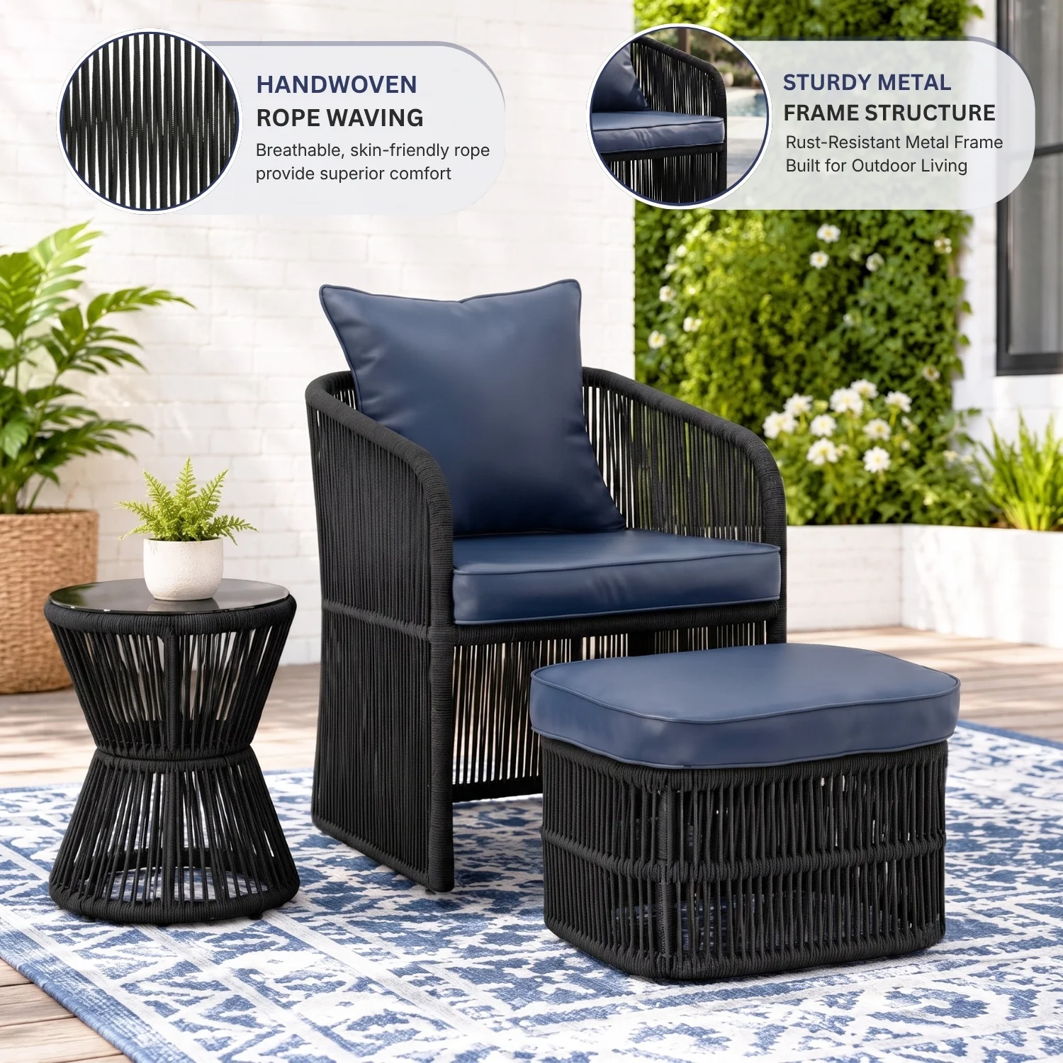 Outdoor 5 Piece Rope Patio Chair Ottoman Set (Black & Navy-Blue) - Image 3