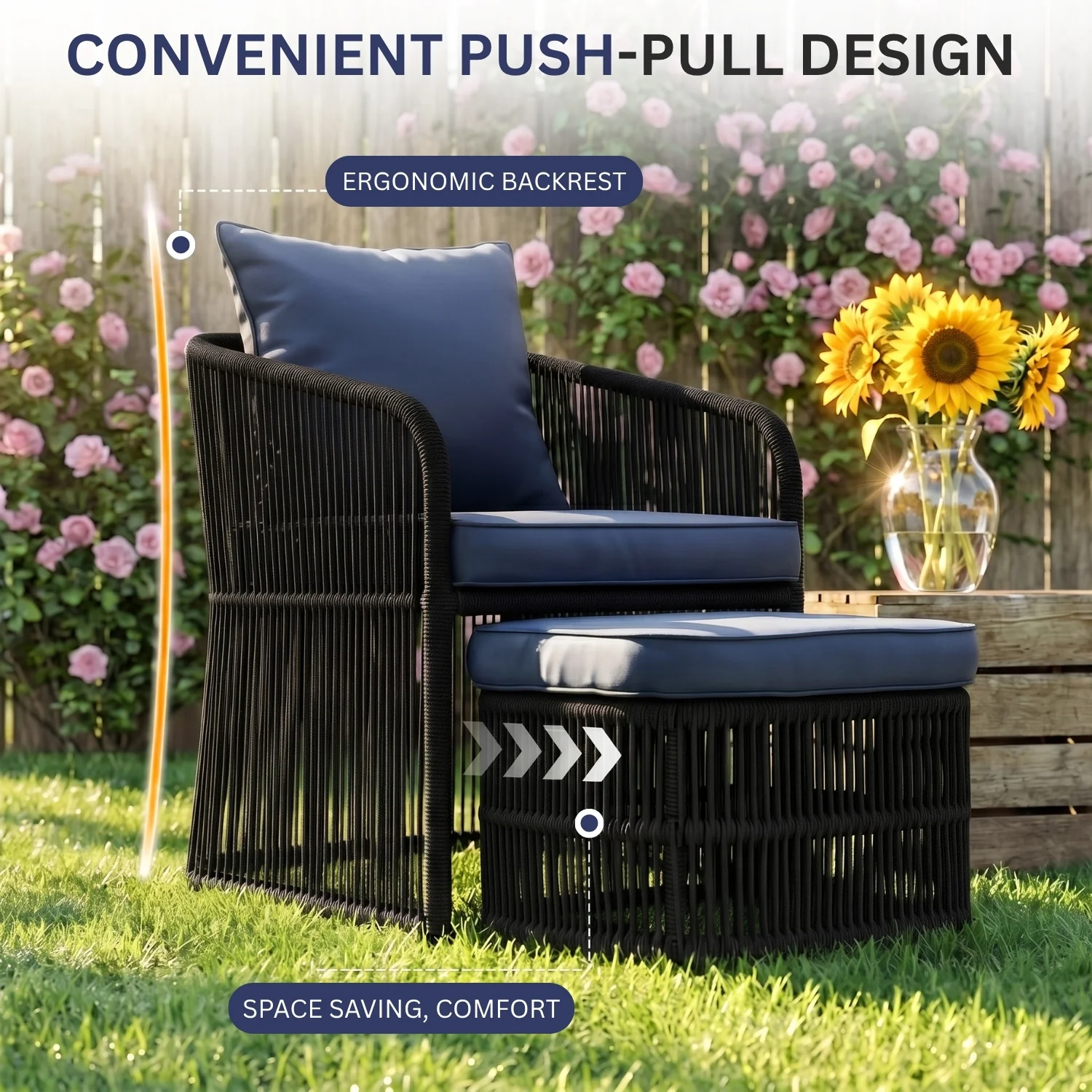 Outdoor 5 Piece Rope Patio Chair Ottoman Set (Black & Navy-Blue) - Image 5
