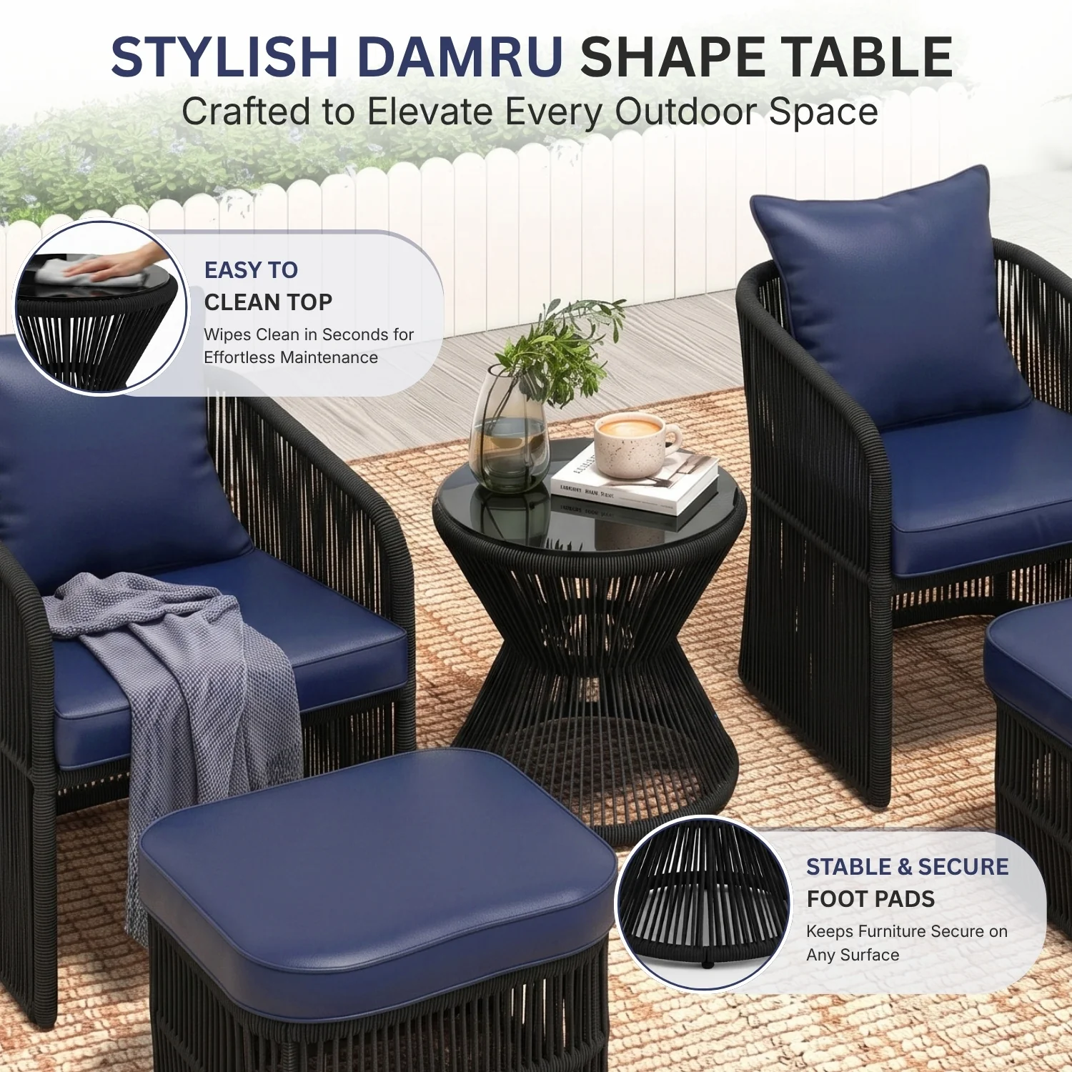 Outdoor 5 Piece Rope Patio Chair Ottoman Set (Black & Navy-Blue) - Image 6