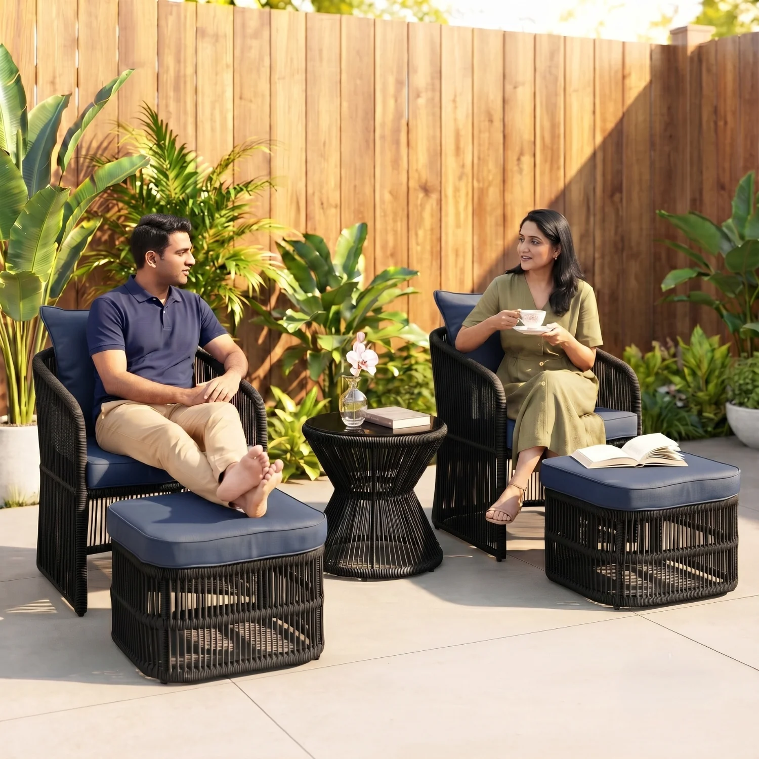 Outdoor 5 Piece Rope Patio Chair Ottoman Set (Black & Navy-Blue) - Image 7