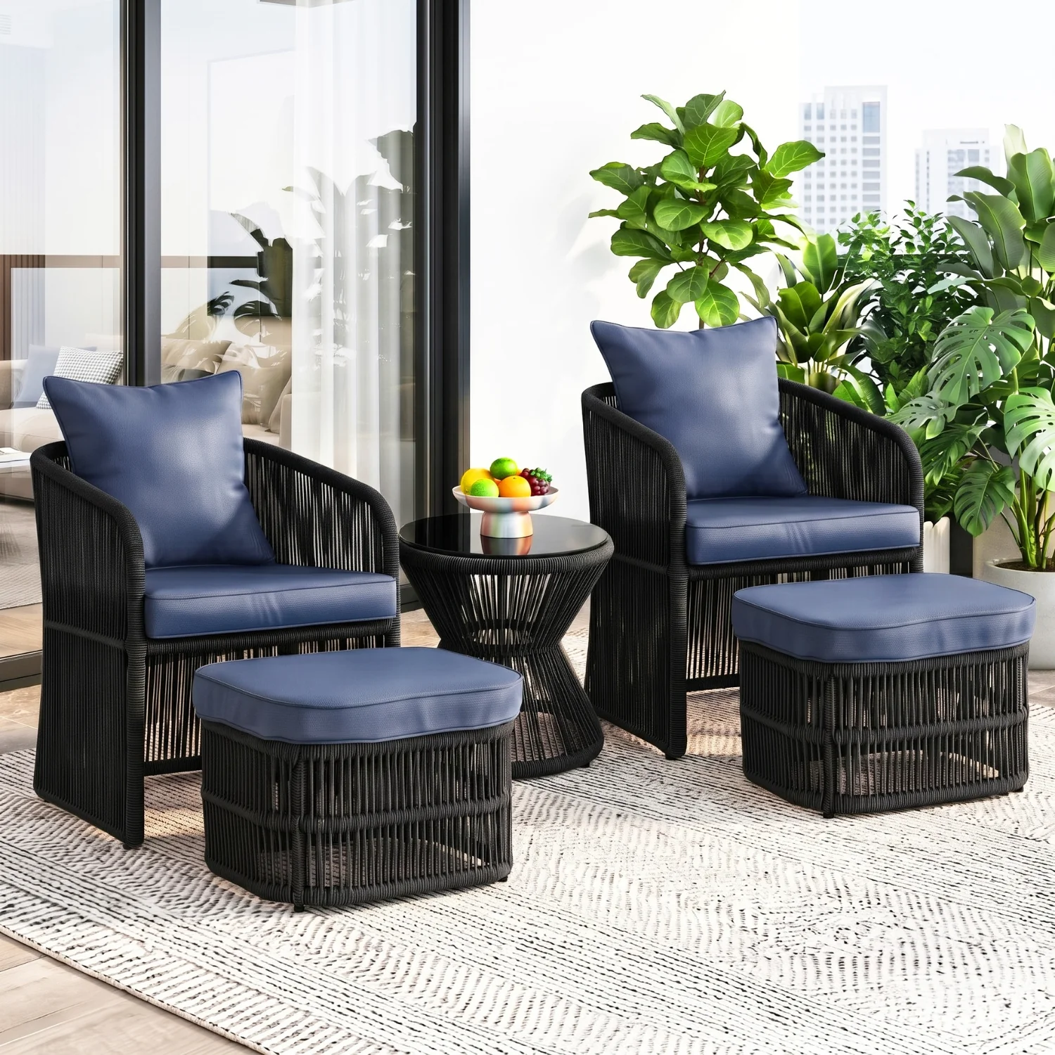 Outdoor 5 Piece Rope Patio Chair Ottoman Set (Black & Navy-Blue) - Image 8