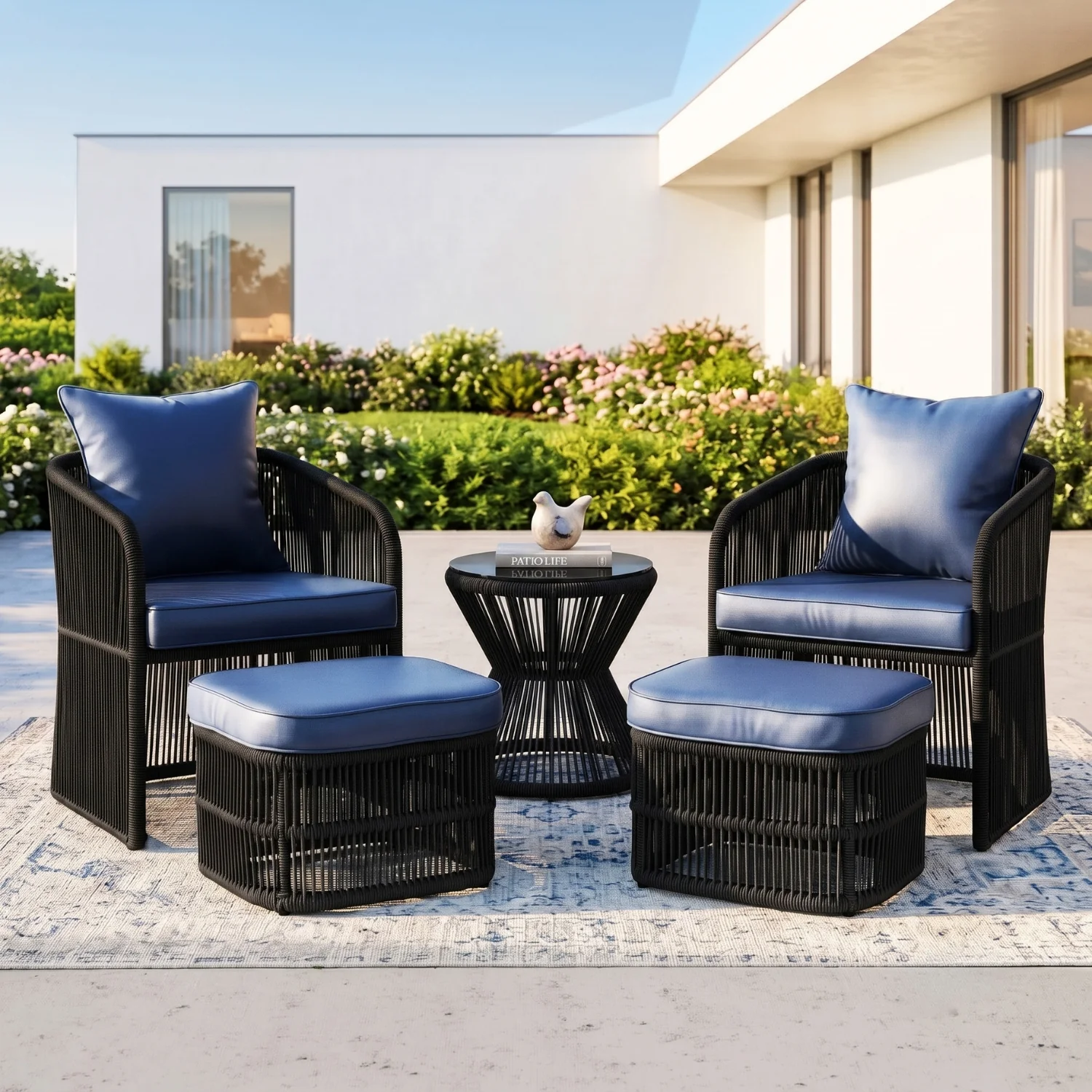 Outdoor 5 Piece Rope Patio Chair Ottoman Set (Black & Navy-Blue) - Image 9