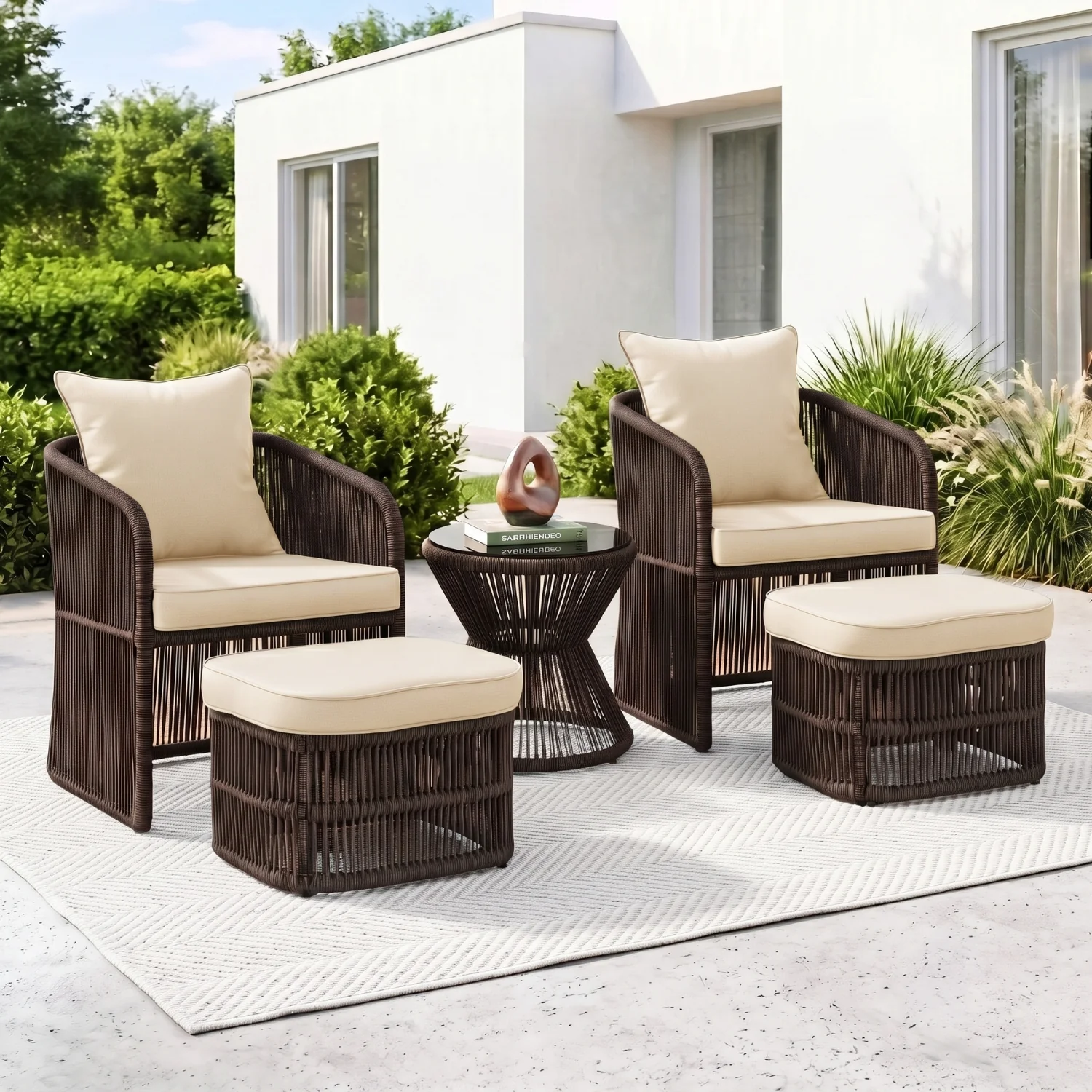 Outdoor 5 Piece Rope Patio Chair Ottoman Set (Brown & Cream)