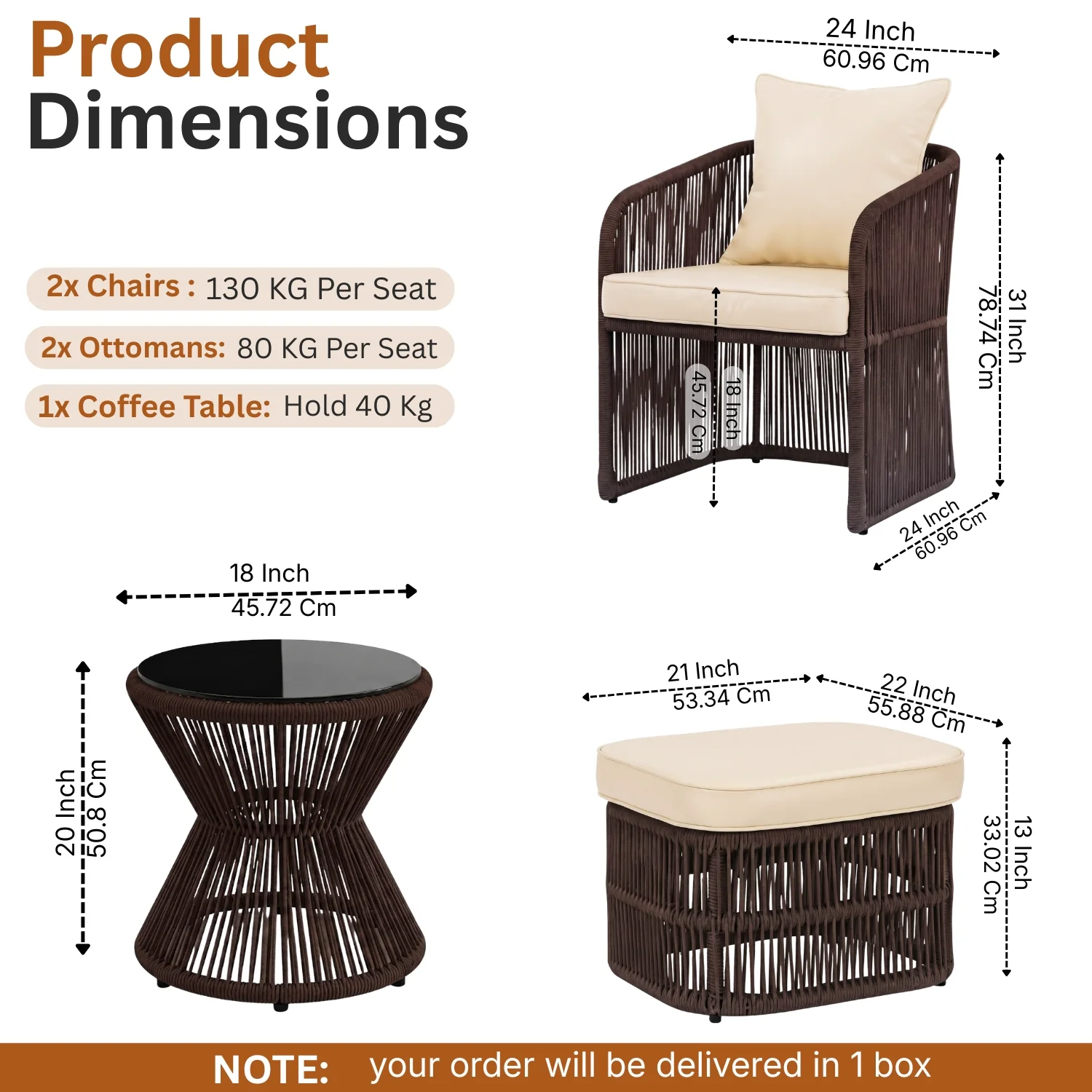 Outdoor 5 Piece Rope Patio Chair Ottoman Set (Brown & Cream) - Image 2