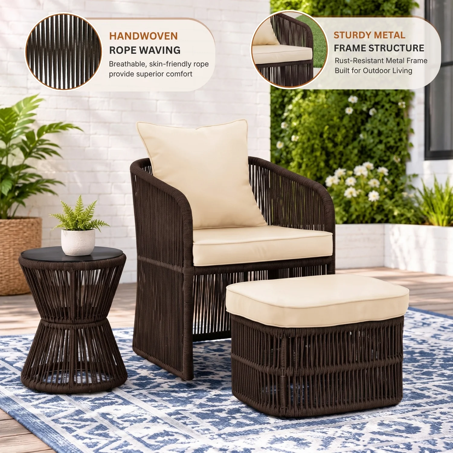 Outdoor 5 Piece Rope Patio Chair Ottoman Set (Brown & Cream) - Image 3