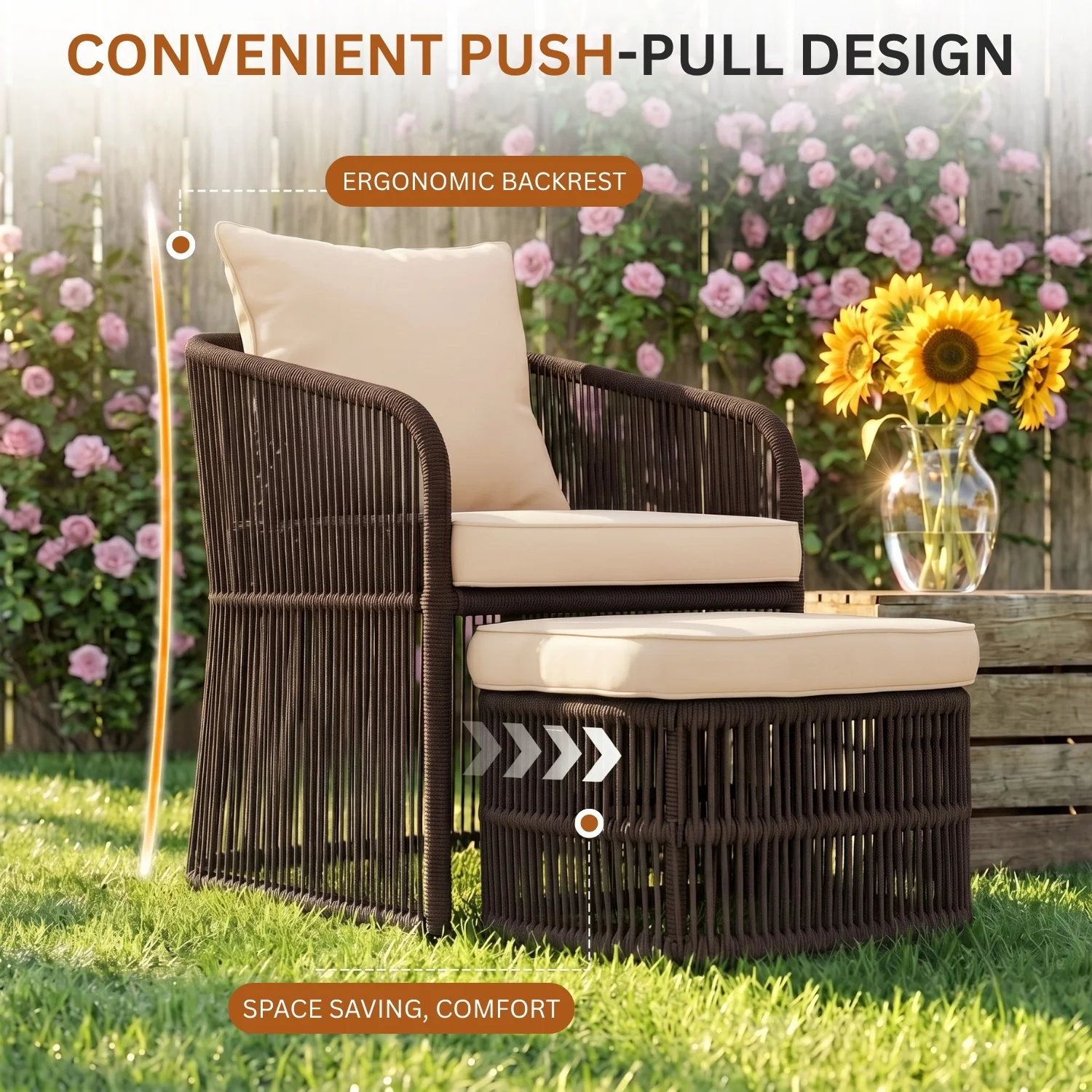 Outdoor 5 Piece Rope Patio Chair Ottoman Set (Brown & Cream) - Image 5