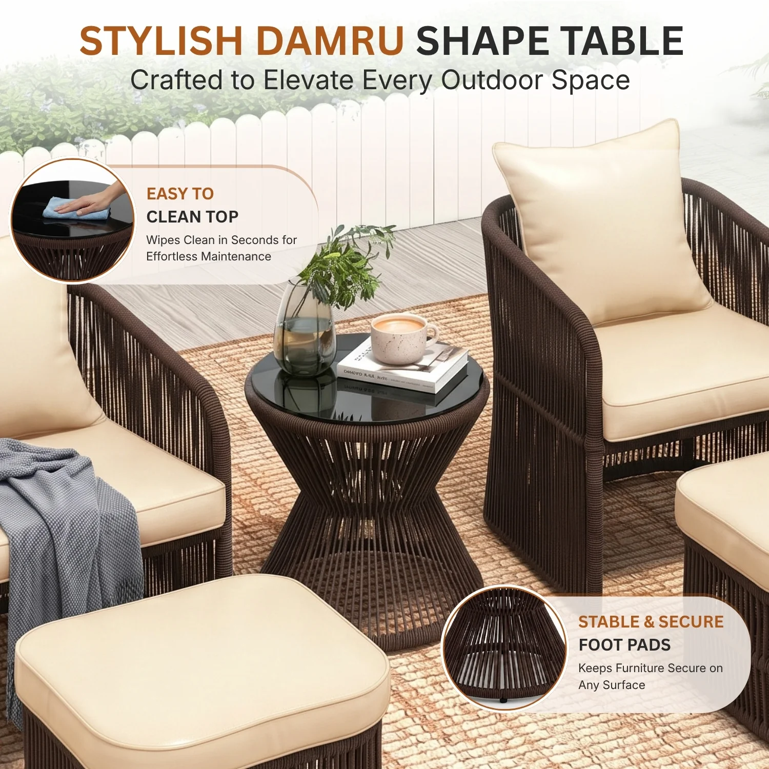 Outdoor 5 Piece Rope Patio Chair Ottoman Set (Brown & Cream) - Image 6