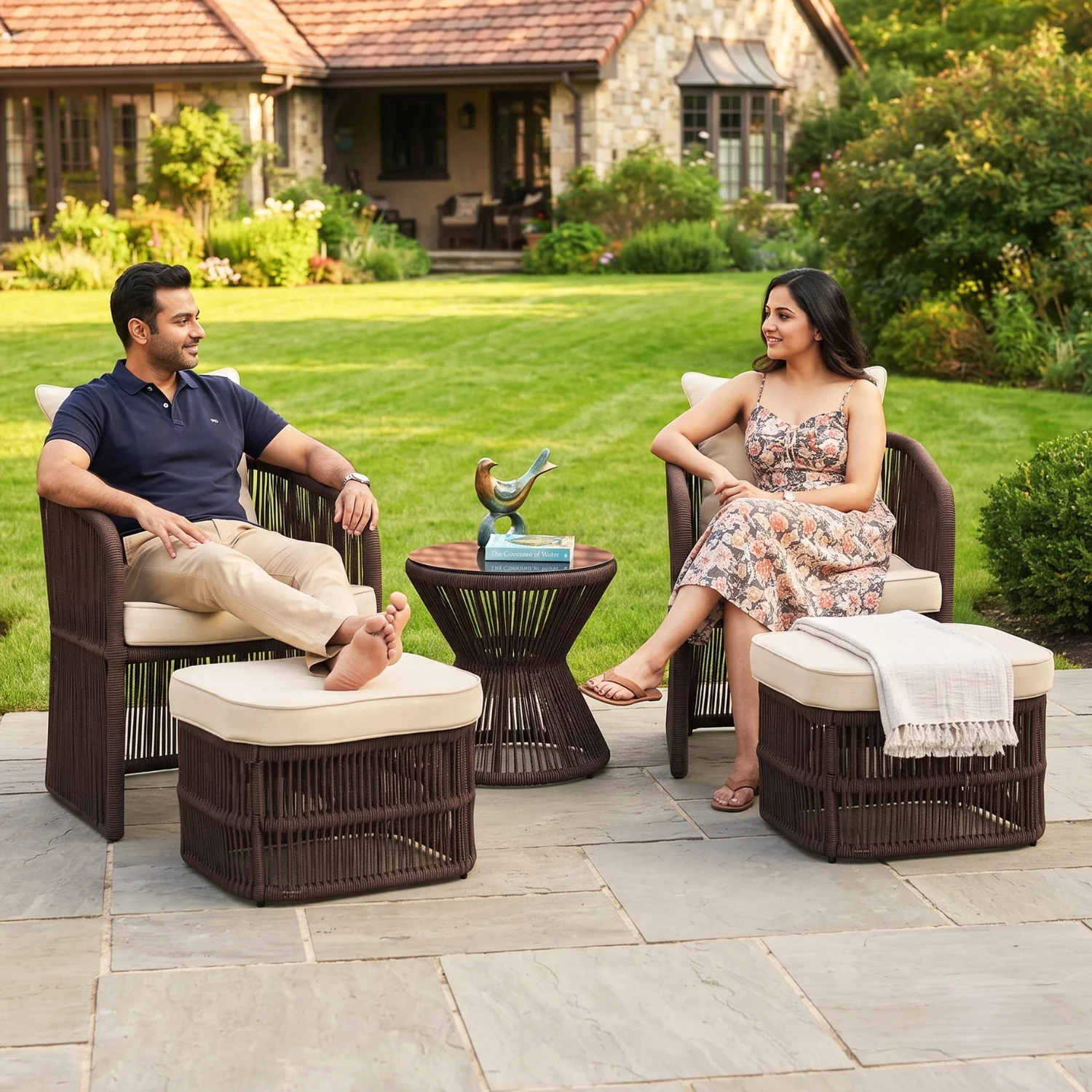 Outdoor 5 Piece Rope Patio Chair Ottoman Set (Brown & Cream) - Image 7