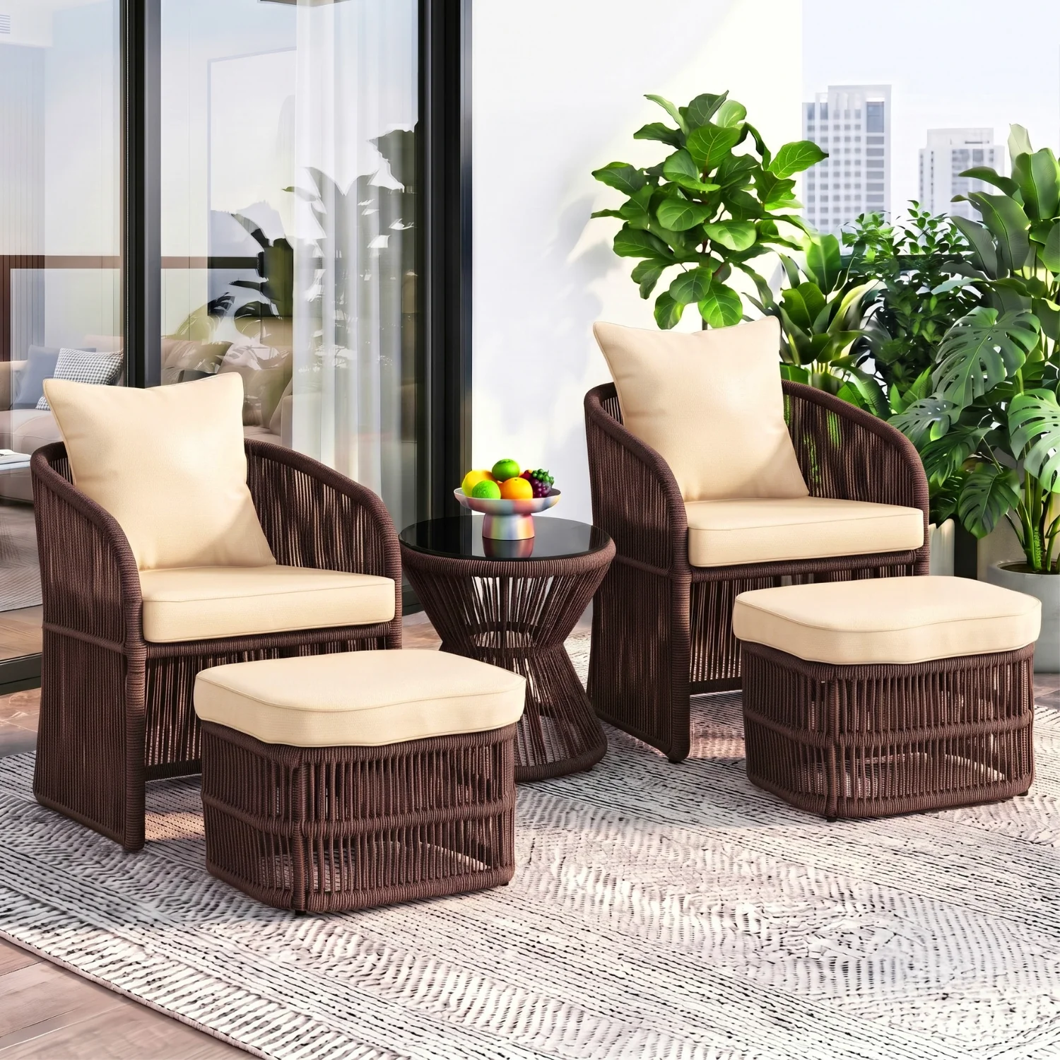 Outdoor 5 Piece Rope Patio Chair Ottoman Set (Brown & Cream) - Image 8