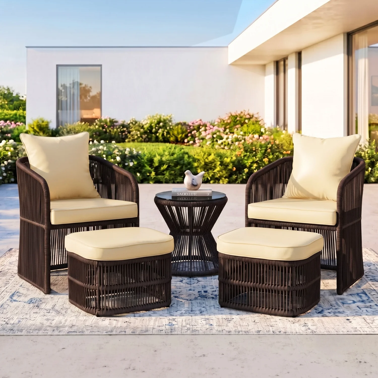 Outdoor 5 Piece Rope Patio Chair Ottoman Set (Brown & Cream) - Image 9