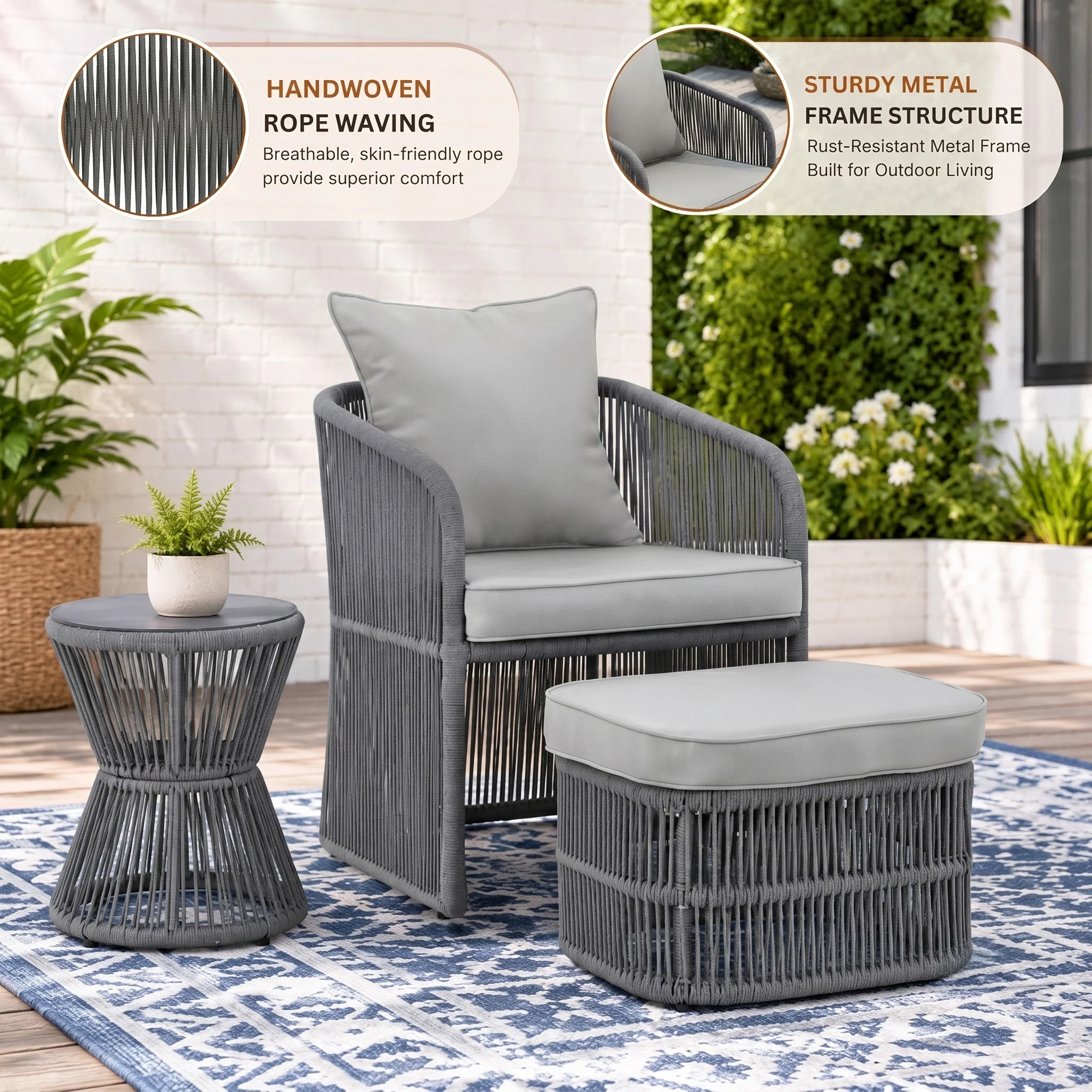 Outdoor 5 Piece Rope Patio Chair Ottoman Set (Grey) - Image 4