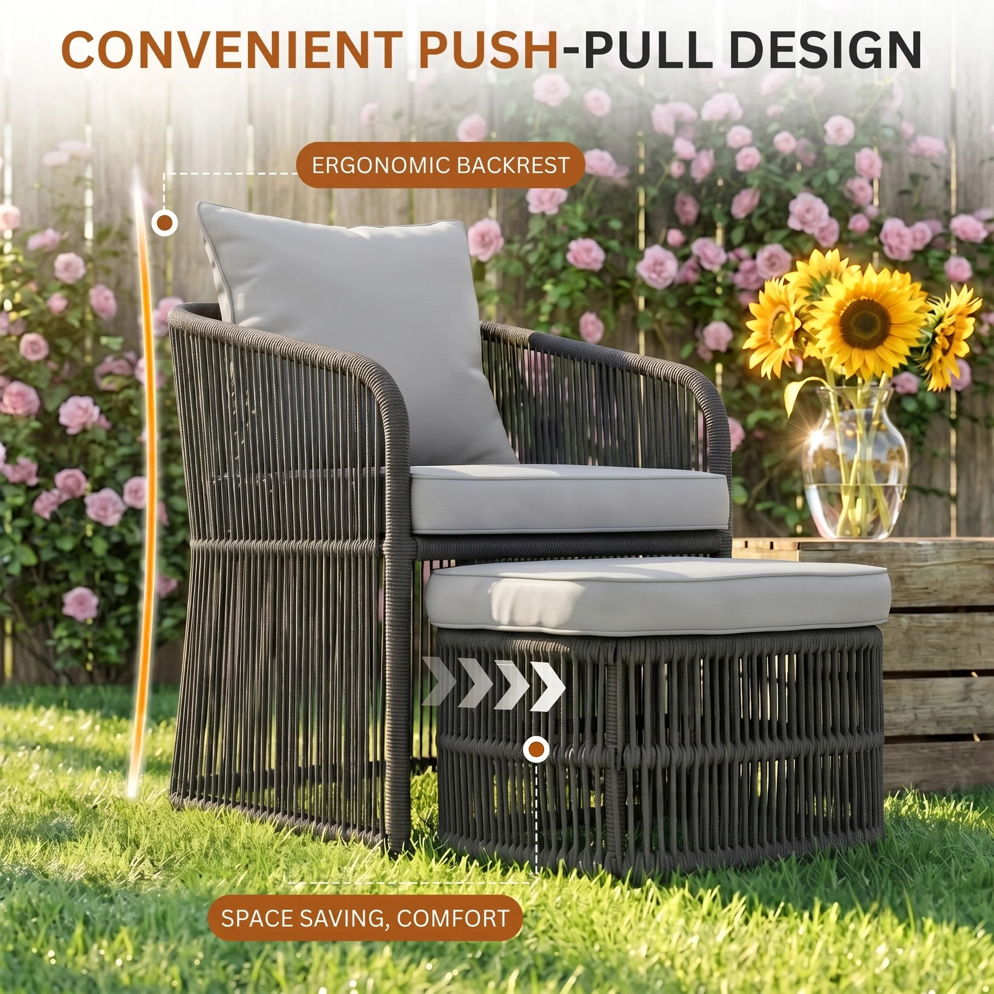 Outdoor 5 Piece Rope Patio Chair Ottoman Set (Grey) - Image 5