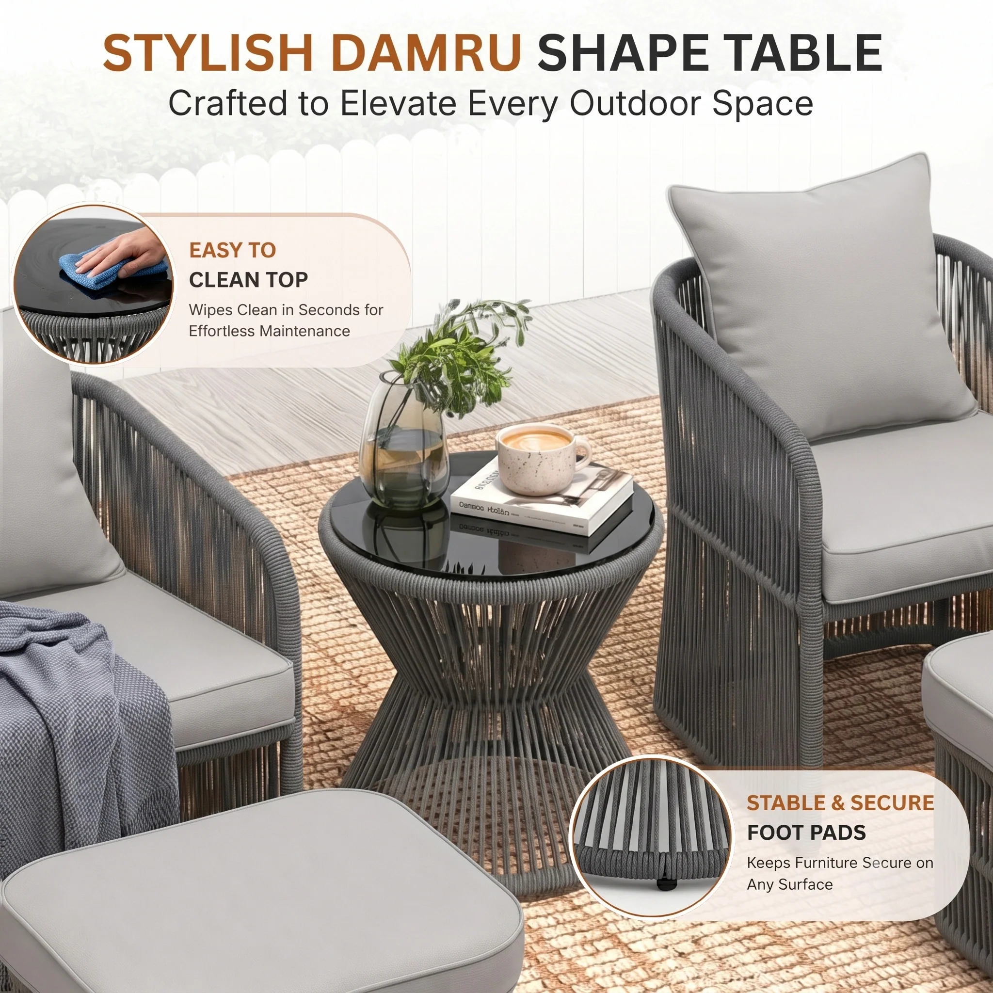 Outdoor 5 Piece Rope Patio Chair Ottoman Set (Grey) - Image 6