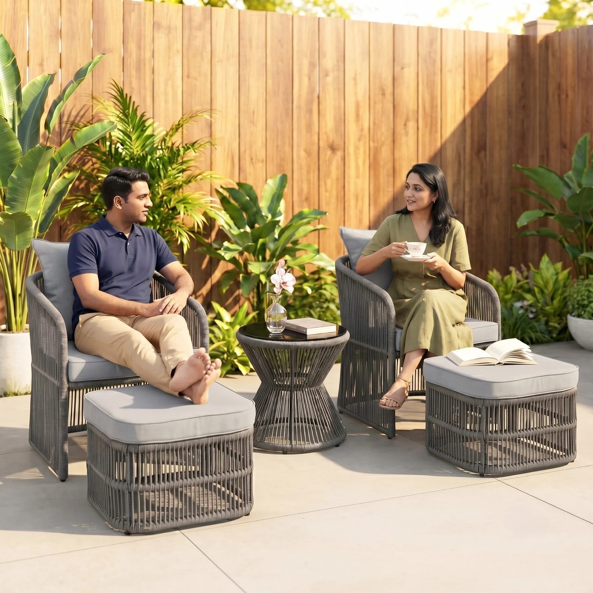 Outdoor 5 Piece Rope Patio Chair Ottoman Set (Grey) - Image 7