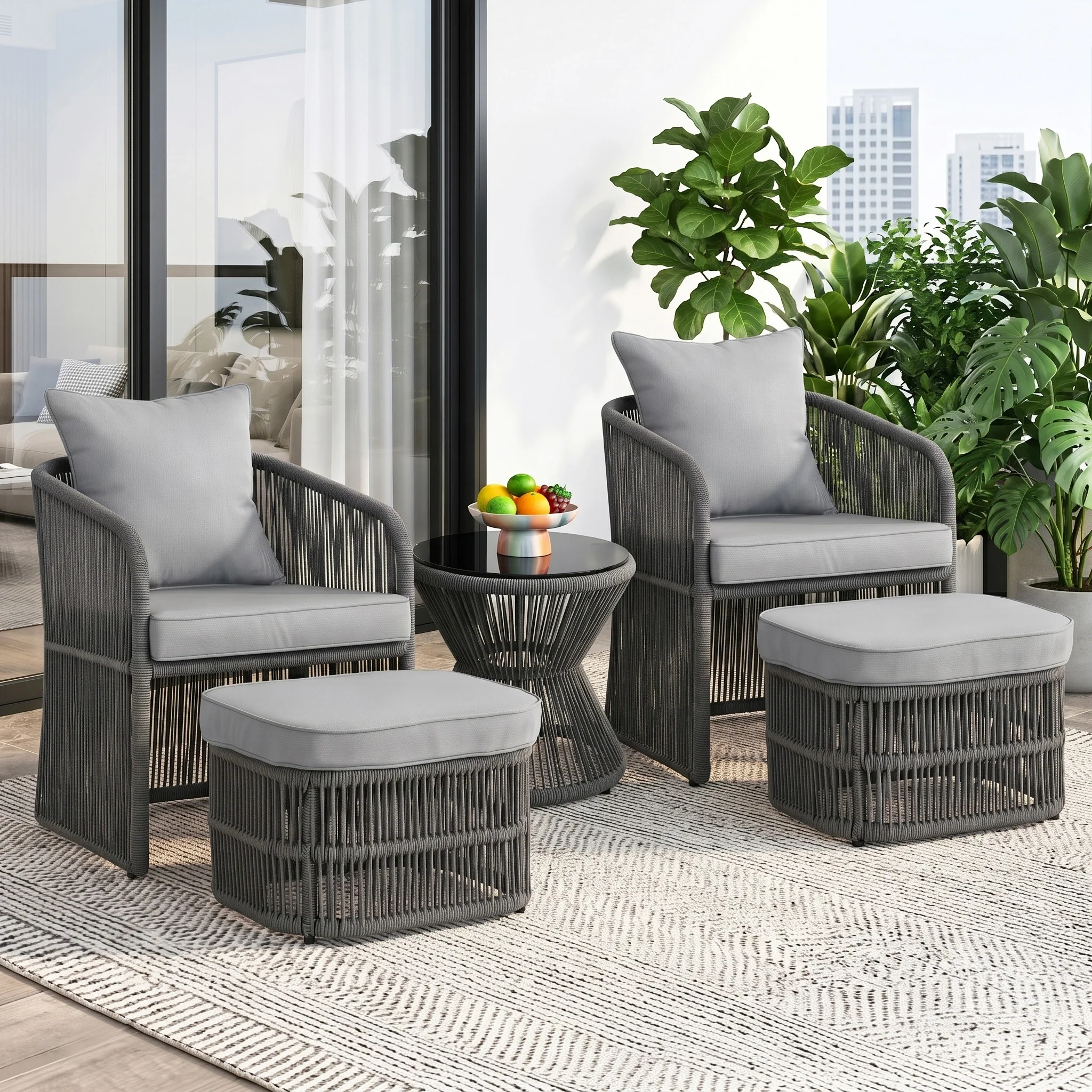 Outdoor 5 Piece Rope Patio Chair Ottoman Set (Grey) - Image 9