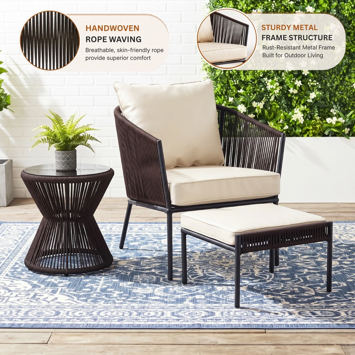 Outdoor 5 Piece Rope Patio Sofa Set (Brown & Cream) - Image 3