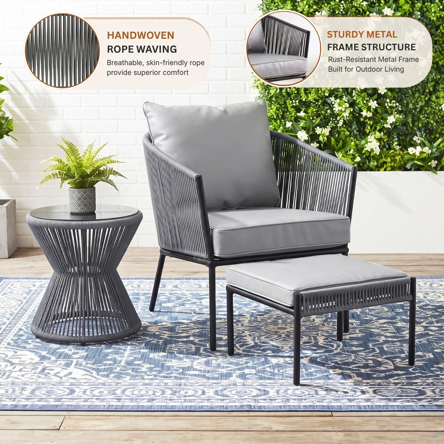 Outdoor 5 Piece Rope Patio Sofa Set (Grey) - Image 3