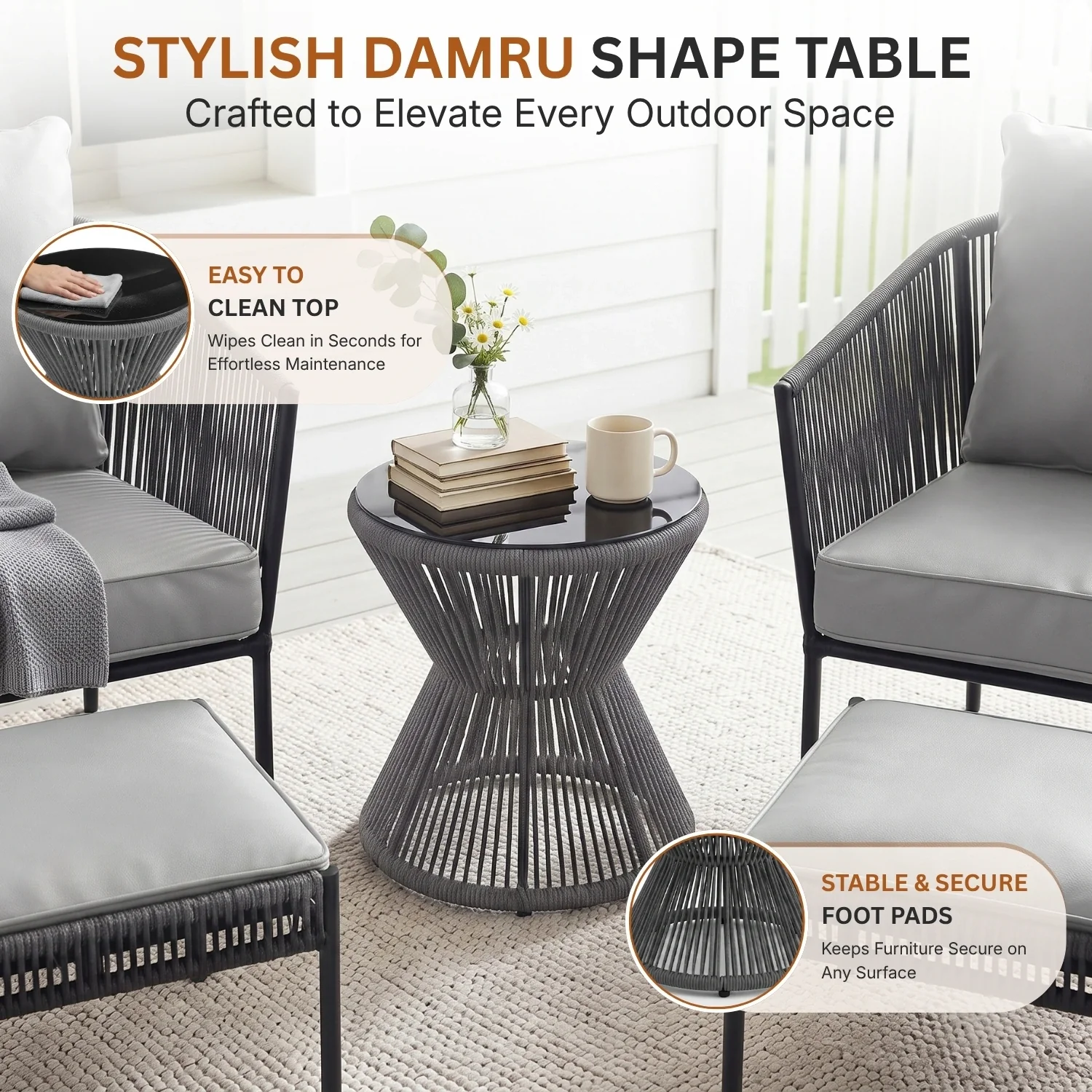 Outdoor 5 Piece Rope Patio Sofa Set (Grey) - Image 6