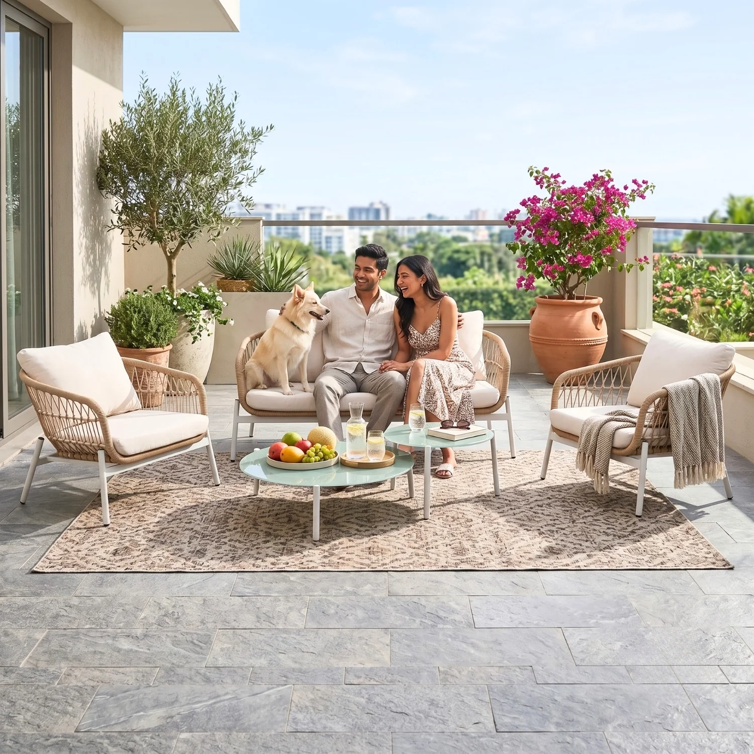Outdoor 5 Seater Rope Conversation Sofa Set (Beige & Off-White) - Image 11