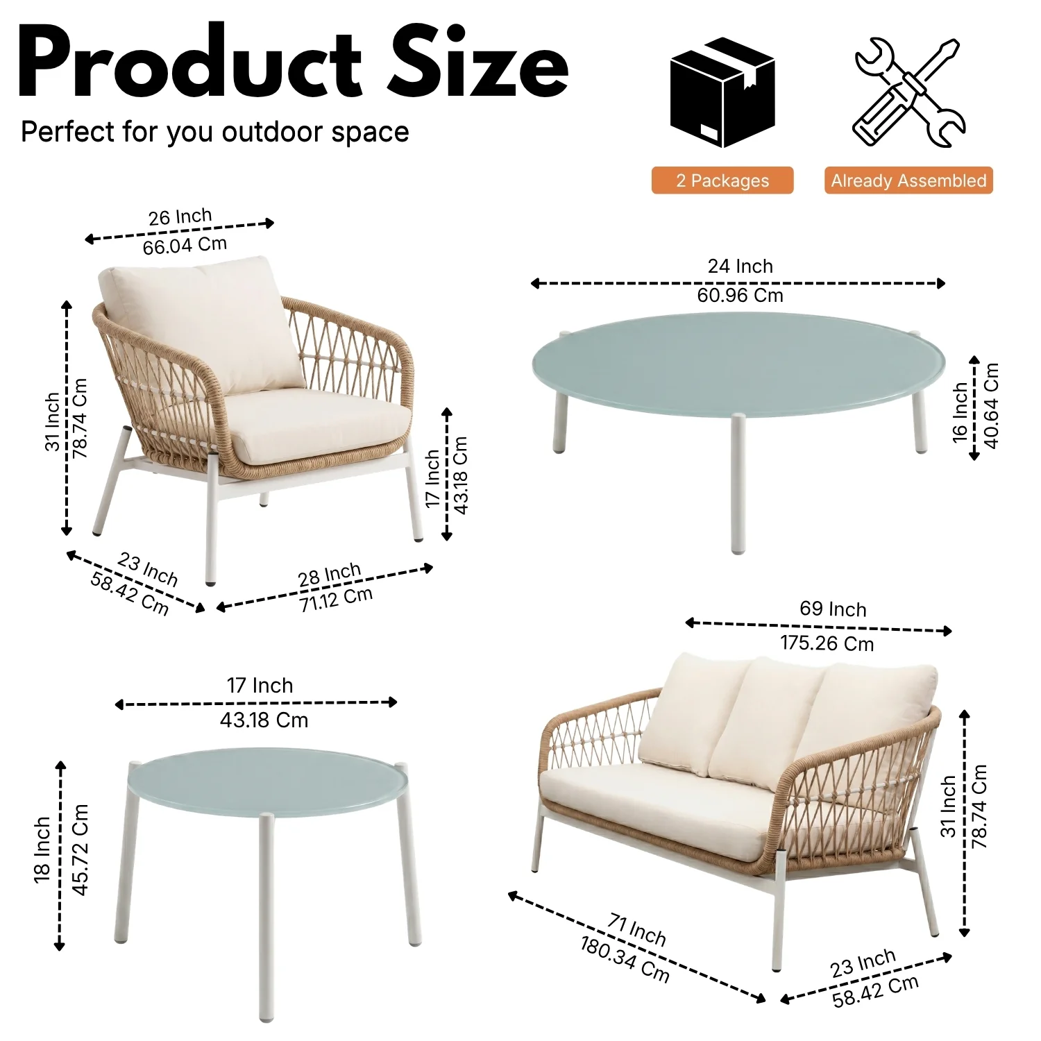 Outdoor 5 Seater Rope Conversation Sofa Set (Beige & Off-White) - Image 2