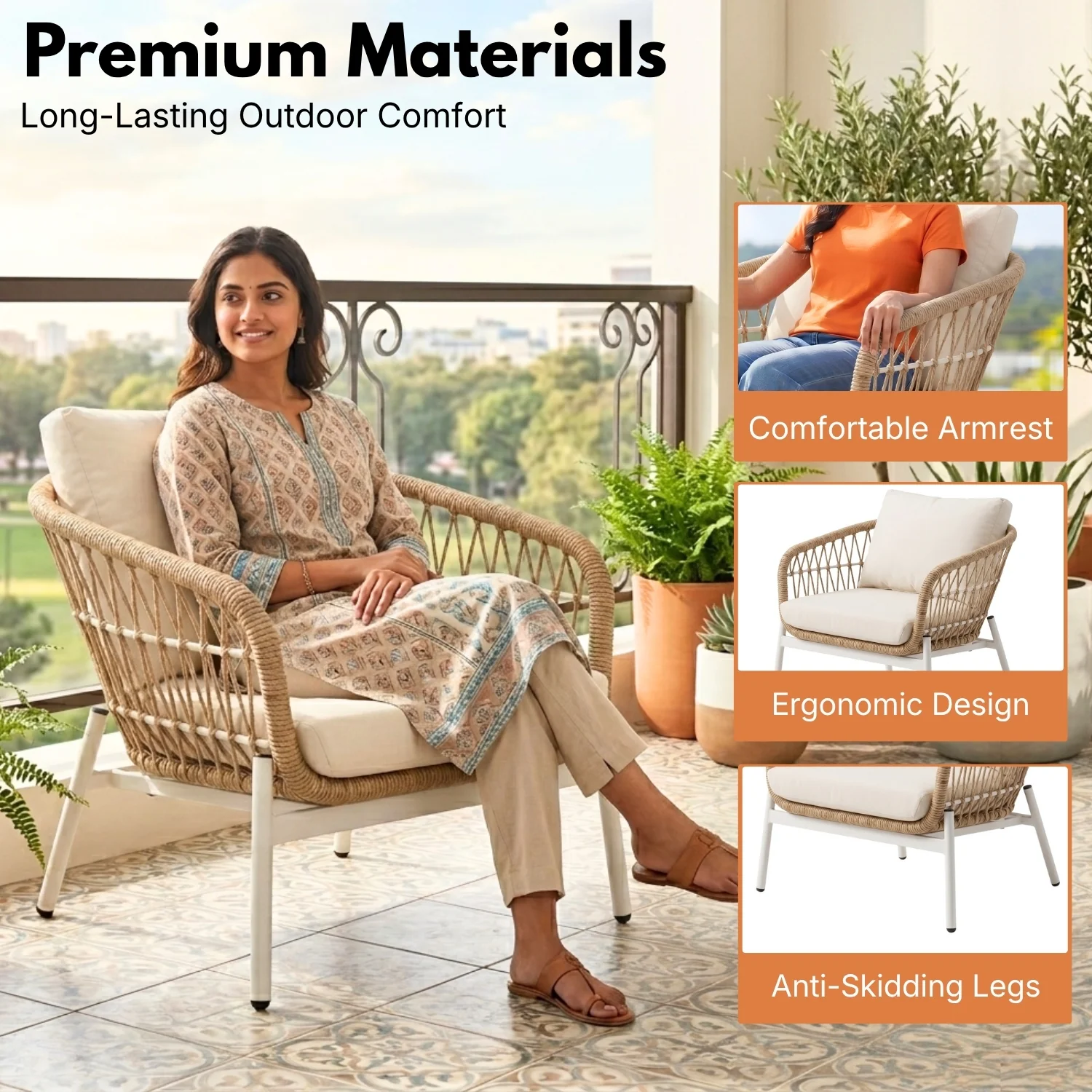 Outdoor 5 Seater Rope Conversation Sofa Set (Beige & Off-White) - Image 4