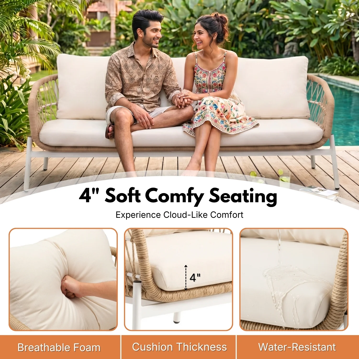 Outdoor 5 Seater Rope Conversation Sofa Set (Beige & Off-White) - Image 5